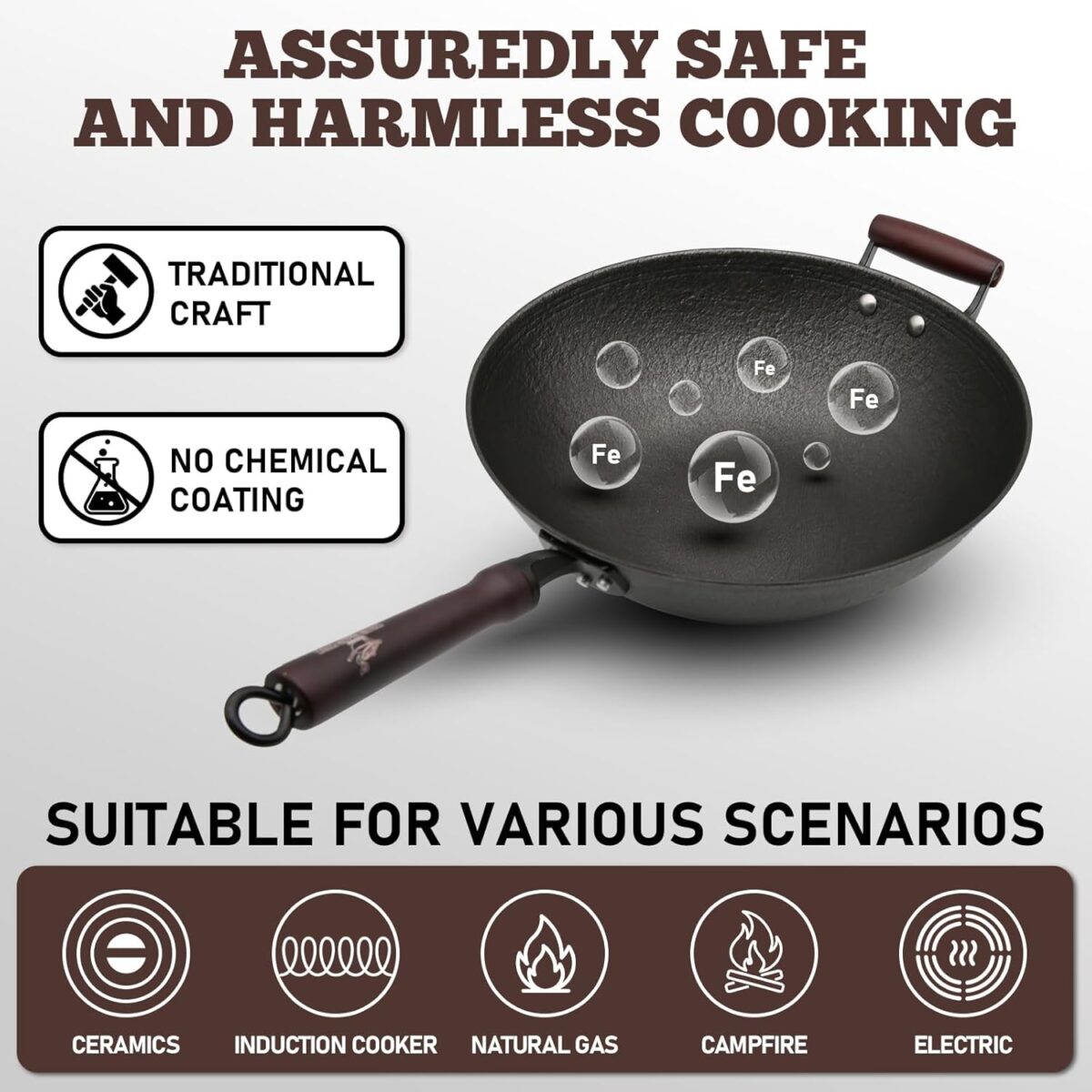 HONGJIANG Cast Iron Wok Pan, 14.2" Pre-Seasoned Flat Bottom Wok,Coating-Free Wok Stir Fry Pan With Glass Lid,Compatible Traditional Chinese Wok For Induction, Electric, Gas,Open Fire - Image 5