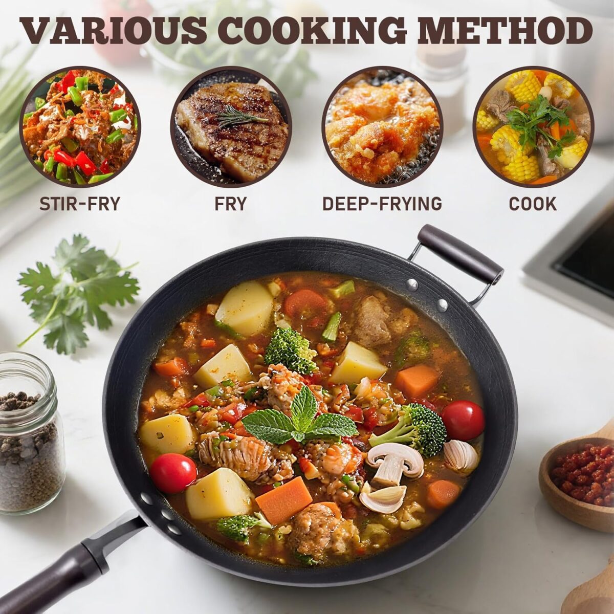 HONGJIANG Cast Iron Wok Pan, 14.2" Pre-Seasoned Flat Bottom Wok,Coating-Free Wok Stir Fry Pan With Glass Lid,Compatible Traditional Chinese Wok For Induction, Electric, Gas,Open Fire - Image 7