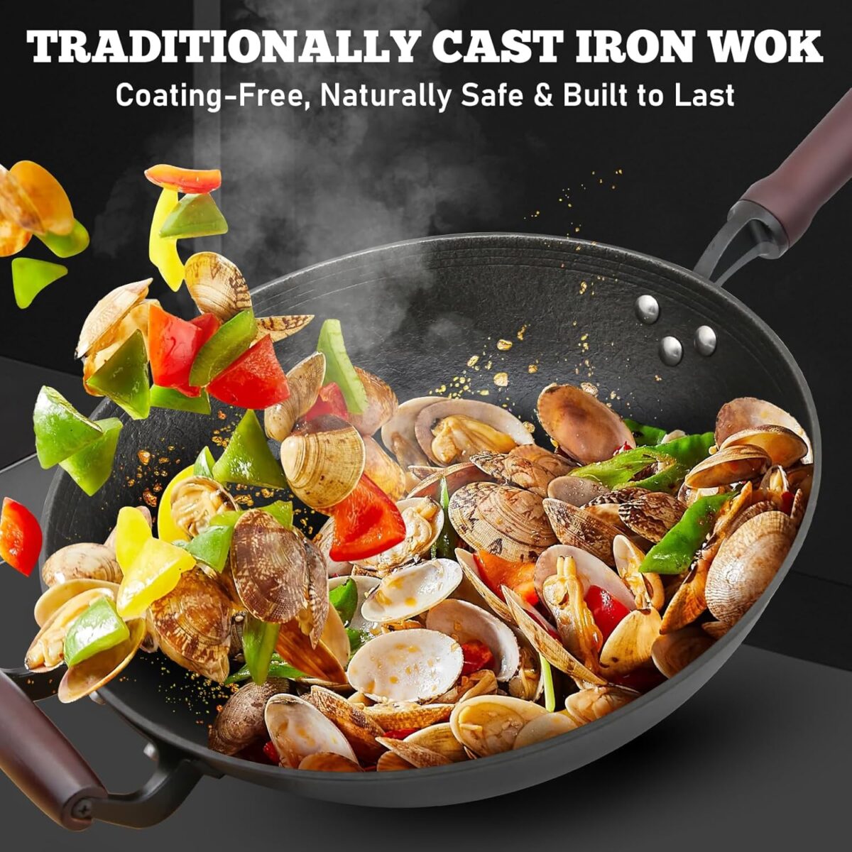 HONGJIANG Cast Iron Wok Pan, 14.2" Pre-Seasoned Flat Bottom Wok,Coating-Free Wok Stir Fry Pan With Glass Lid,Compatible Traditional Chinese Wok For Induction, Electric, Gas,Open Fire - Image 8