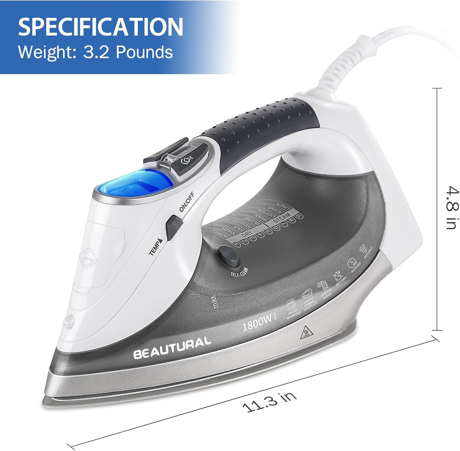 1760035946_BEAUTURAL-1800-Watt-Steam-Iron-with-Digital-LCD-Screen-Double-Layer-and-Ceramic-Coated-Soleplate-3-Way-Auto-Off-9-Preset-Temperature-and-Steam-Settings-for-Variable-Fabric-Gray.jpg BEAUTURAL 1800-Watt Steam Iron with Digital LCD Screen, Double-Layer and Ceramic Coated Soleplate, 3-Way Auto-Off, 9 Preset Temperature and Steam Settings for Variable Fabric Gray - Image 8