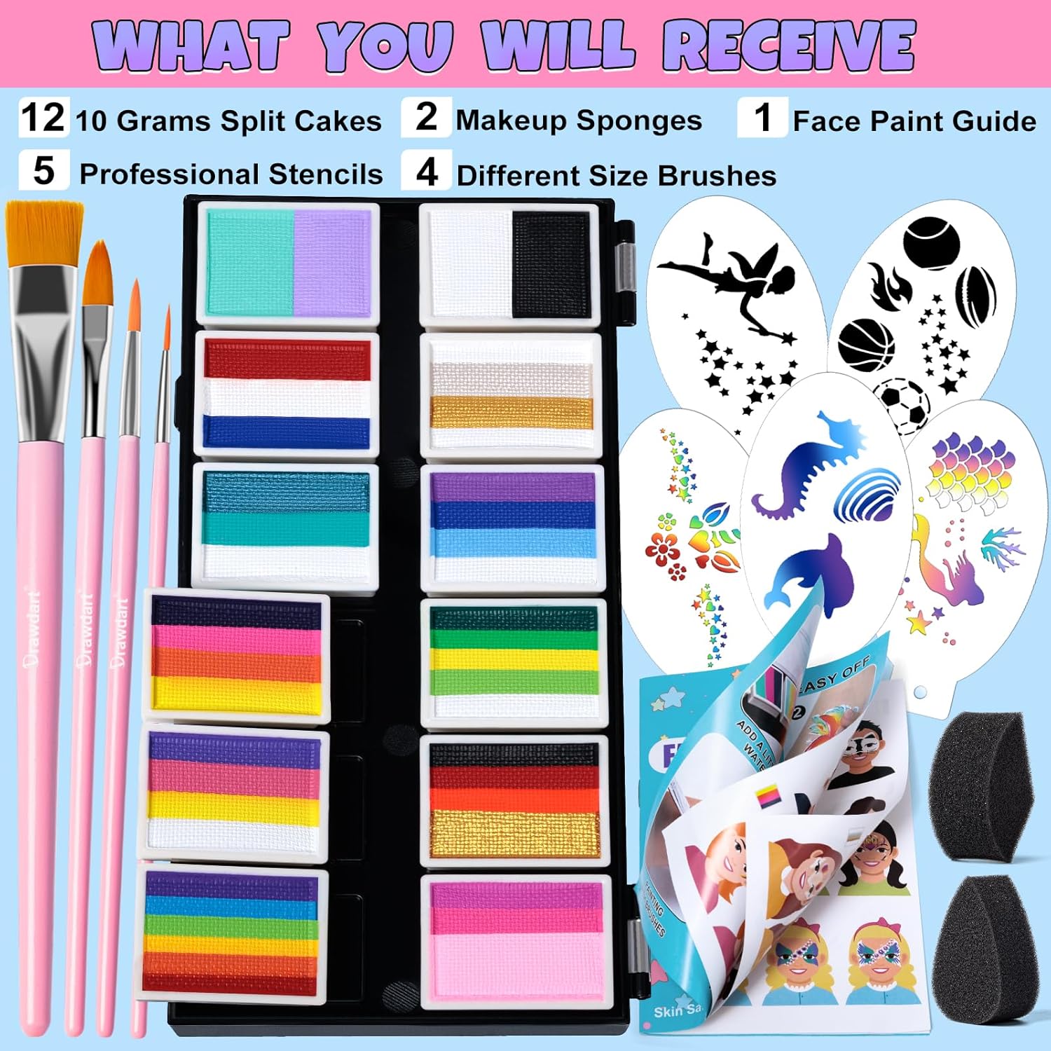 1760040436_Professional-Face-Painting-Kit-for-Kids-Adults-Split-Cake-Face-Paint-Palette-12-x-10gm-with-Stencil-One-Stroke-Non-Toxic-Rainbow-Face-Body-Paint-Set-Festival-Makeup.jpg Professional Face Painting Kit for Kids Adults, Split Cake Face Paint Palette 12 x 10gm with Stencil, One Stroke Non Toxic Rainbow Face Body Paint Set Festival Makeup - Image 9