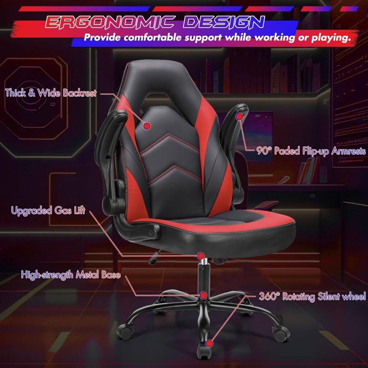 Sweetcrispy Computer Gaming Desk Chair - Ergonomic Office Executive Adjustable Swivel Task PU Leather Racing Chair with Flip-up Armrest for Adults, Kids, Men, Girls, Gamer, Black Red - Image 9