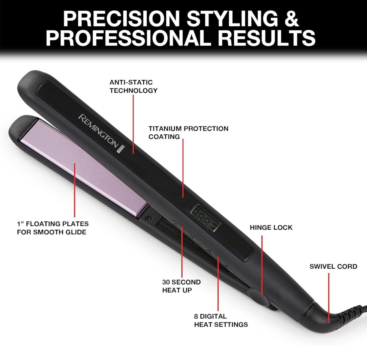 Remington 1" Flat Iron, Hair Straightener with Anti-Static Technology, Rapid 30-Second Heat-Up, 60-Minute Auto Shut-Off, 30% Longer Ceramic Floating Plates, and Titanium-Ceramic Coating - Image 4