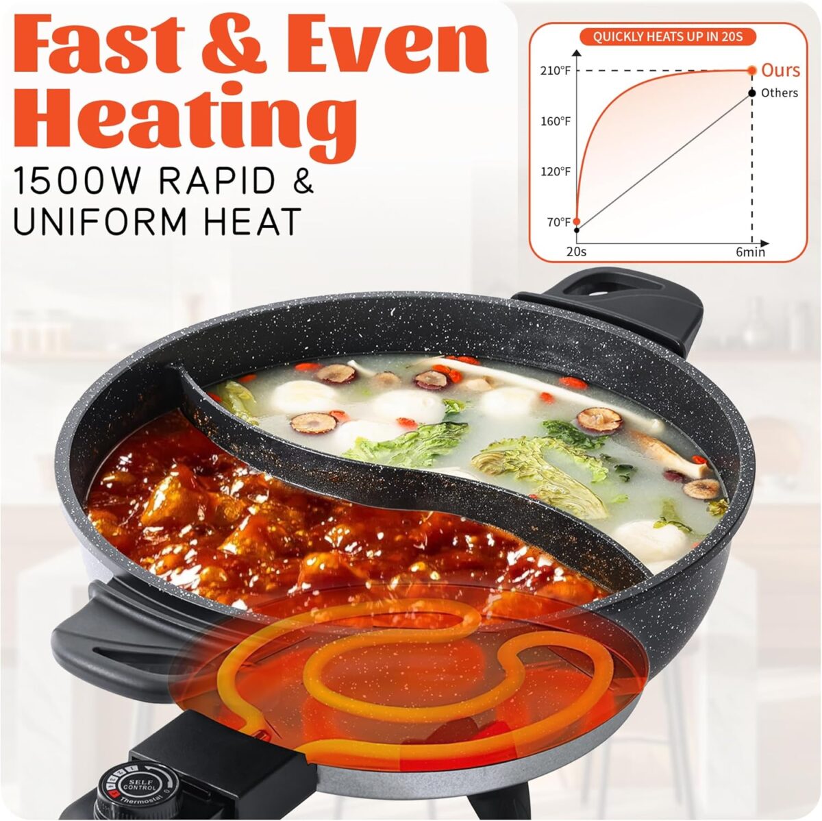 TWIN™ Electric Hot Pot with Divider | EvenHeat Cast Aluminum Non-Stick Pot for No-Spot Cooking | 1500W Fast Heating | 4.5QT Dual-Flavor Shabu Shabu Pot for Family Use | 1-Yr Warranty - Image 3