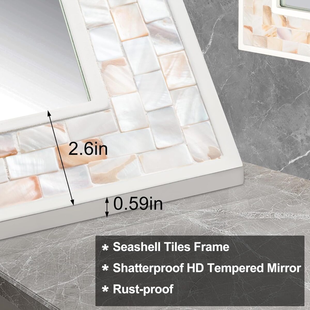 Tanmicoshomy 20x 28 Inch Rectangle Wall Mirror, Natural Shell Framed Rectangular Mirror for Bathroom, Vanity, Bedroom, Living Room, Entryway, Wall Mounted Horizontal or Vertical, White - Image 5