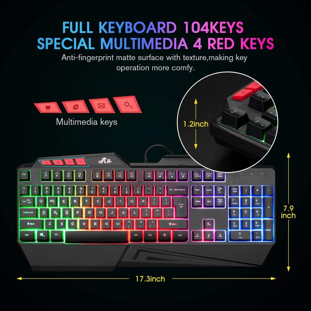 Rii RK202 RGB Gaming Keyboard Multiple Color Rainbow LED Backlit USB Wired Gaming Keyboard with Wrist Rest for Windows & Mac PC Gamers (Black) - Image 6