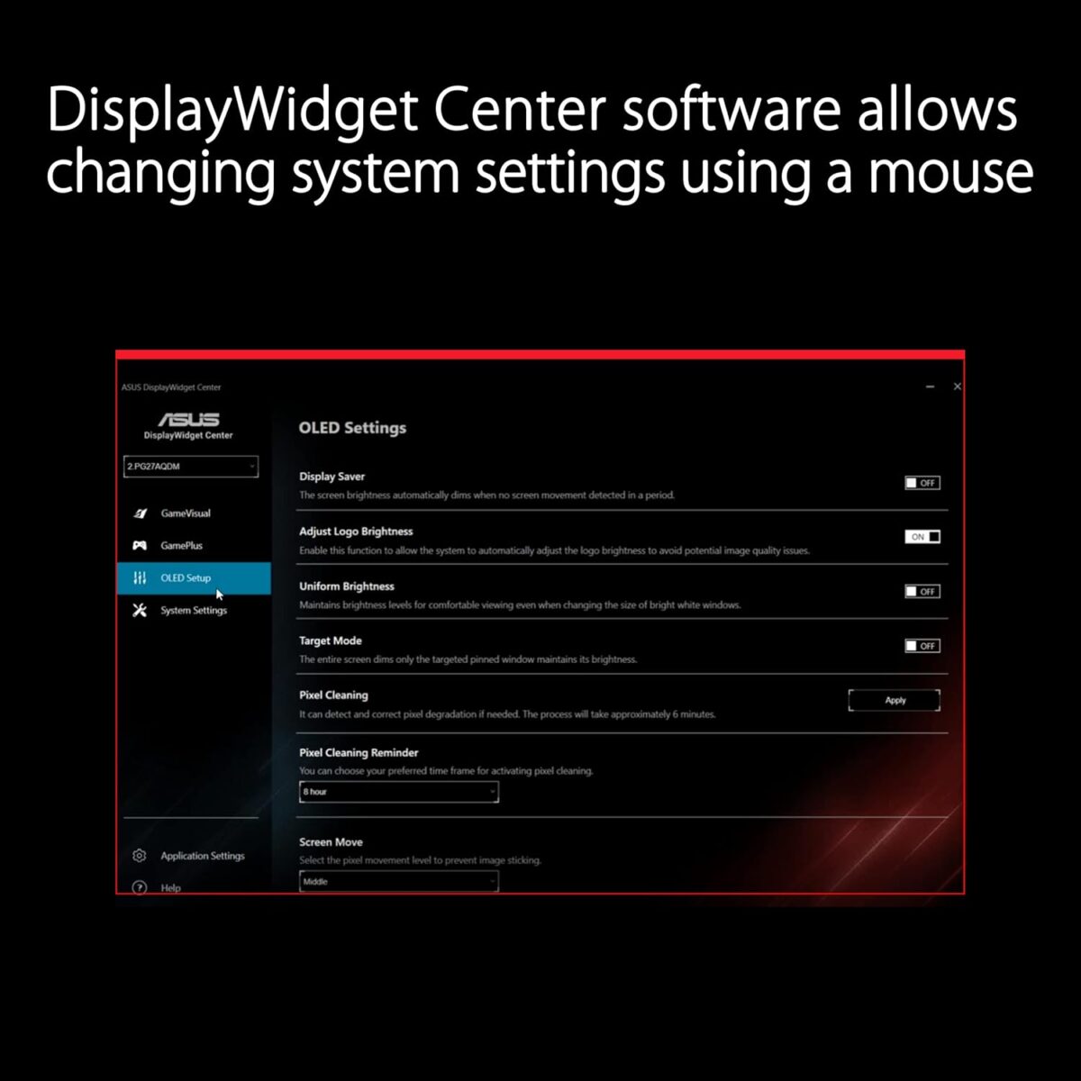 ASUS ROG Swift 27”1440P OLED DSC Gaming Monitor (PG27AQDM) - QHD (2560x1440), 240Hz, 0.03ms, G-SYNC Compatible, Anti-Glare Micro-Texture Coating, 99% DCI-P3, True 10-bit, DisplayPort,Black - Image 6