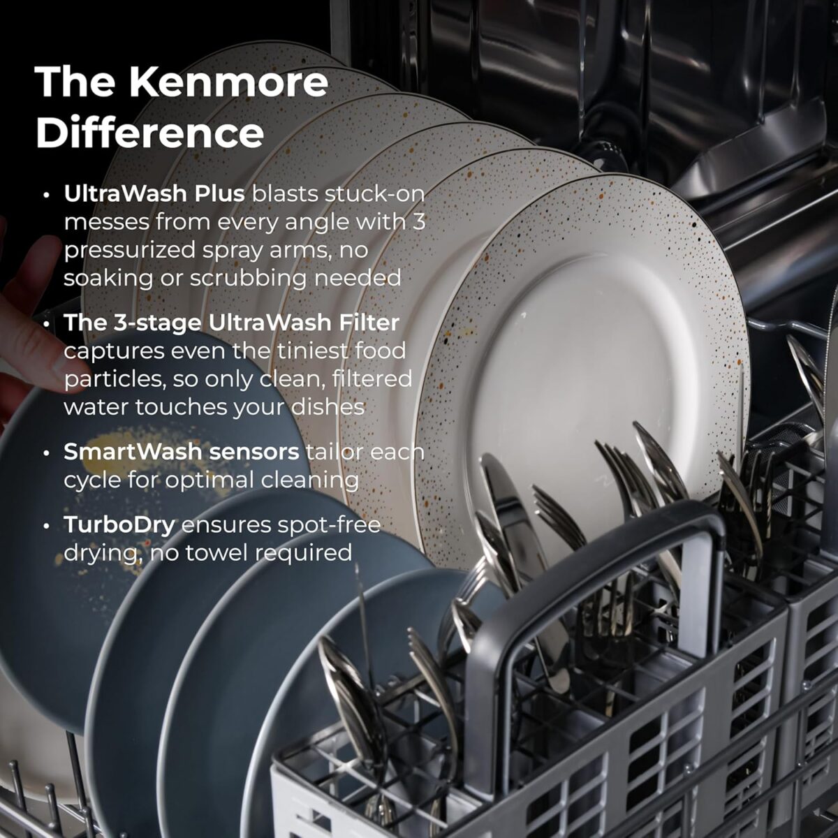 Kenmore Elite 24" Built-in Stainless Steel Tub Dishwasher TotalFlex 3rd, SmartWash, UltraWash, TurboDry, MoreSpace Plus Adjustable Rack, Energy Star Certified, Black - Image 5