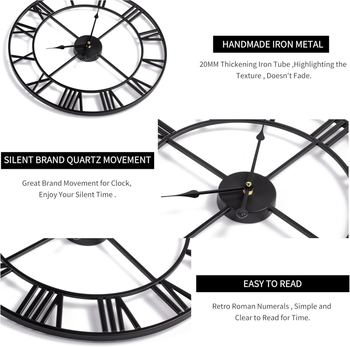 LEIKE Large Wall Clock, 24" Completely Silent, Non Ticking, Battery-Operated,Rustic Round Modern Metal Wall Clock Decor for Living Room, Bedroom and Kitchen, (60cm, Black-Roman Number) - Image 4