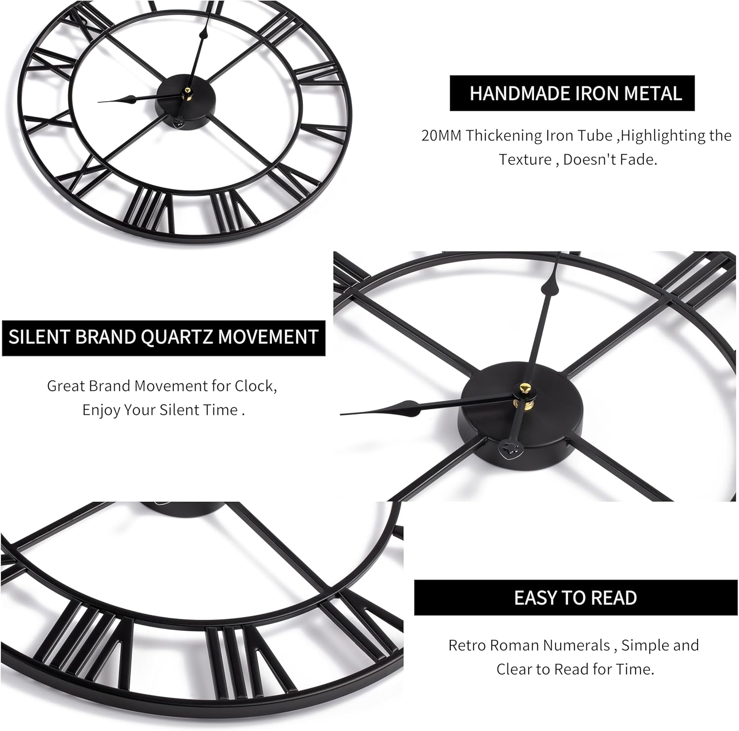 1760133920_LEIKE-Large-Wall-Clock-24-Completely-Silent-Non-Ticking-Battery-OperatedRustic-Round-Modern-Metal-Wall-Clock-Decor-for-Living-Room-Bedroom-and-Kitchen-60cm-Black-Roman-Number.jpg LEIKE Large Wall Clock, 24" Completely Silent, Non Ticking, Battery-Operated,Rustic Round Modern Metal Wall Clock Decor for Living Room, Bedroom and Kitchen, (60cm, Black-Roman Number) - Image 4
