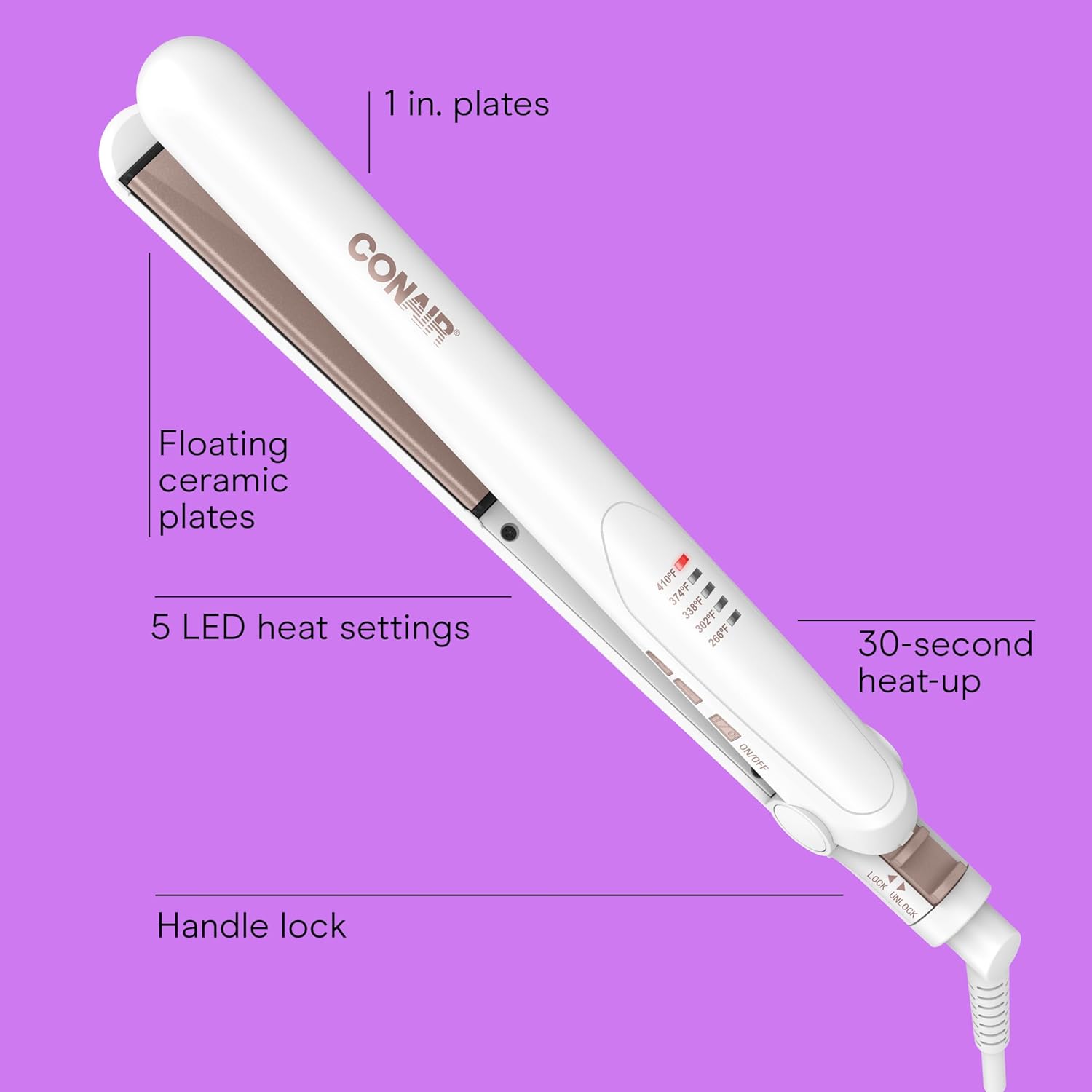 1760167354_Conair-Double-Ceramic-Flat-Iron-1-Inch-Flat-Iron-Hair-Straightener-with-Claw-Clip-5-Heat-Settings-Extra-Long-Floating-Plates-White.jpg Conair Double Ceramic Flat Iron, 1-Inch Flat Iron Hair Straightener with Claw Clip, 5 Heat Settings, Extra-Long Floating Plates, White - Image 3