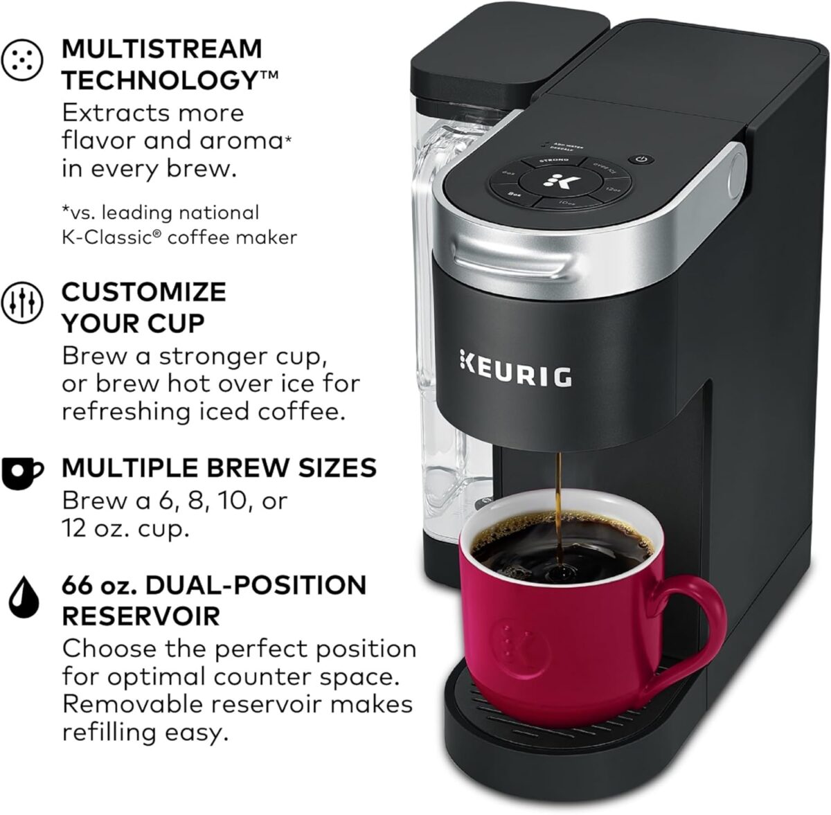 Keurig K-Supreme Single Serve K-Cup Pod Coffee Maker, MultiStream Technology, 4 Brew Sizes, 66oz Dual-Position Removable Reservoir, Black - Image 3