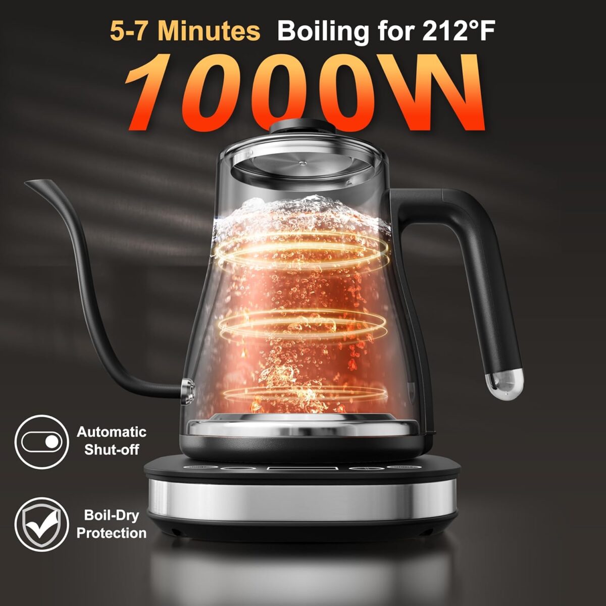 Stariver Gooseneck Electric Kettle with 5 Temperature Control Presets, Pour Over Coffee Kettle ±2℉ Temp Control, 1.2L Gooseneck Kettle, for Tea& Coffee, Stainless Steel Interior, 1000W, Black - Image 4