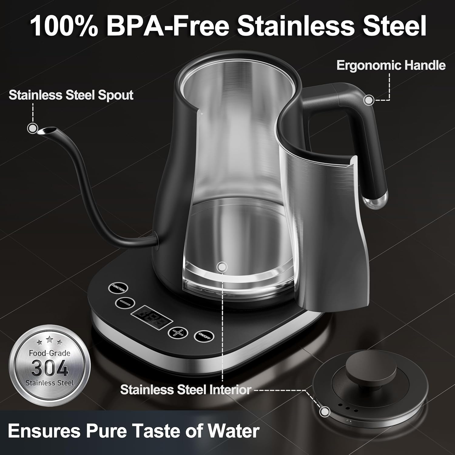 1760197590_Stariver-Gooseneck-Electric-Kettle-with-5-Temperature-Control-Presets-Pour-Over-Coffee-Kettle-±2℉-Temp-Control-1.2L-Gooseneck-Kettle-for-Tea-Coffee-Stainless-Steel-Interior-1000W-Black.jpg Stariver Gooseneck Electric Kettle with 5 Temperature Control Presets, Pour Over Coffee Kettle ±2℉ Temp Control, 1.2L Gooseneck Kettle, for Tea& Coffee, Stainless Steel Interior, 1000W, Black - Image 5