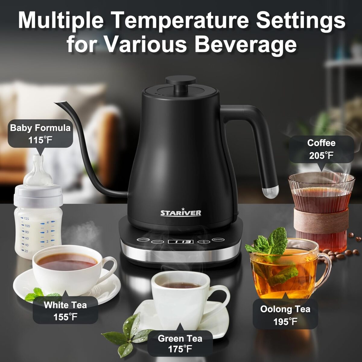 Stariver Gooseneck Electric Kettle with 5 Temperature Control Presets, Pour Over Coffee Kettle ±2℉ Temp Control, 1.2L Gooseneck Kettle, for Tea& Coffee, Stainless Steel Interior, 1000W, Black - Image 6