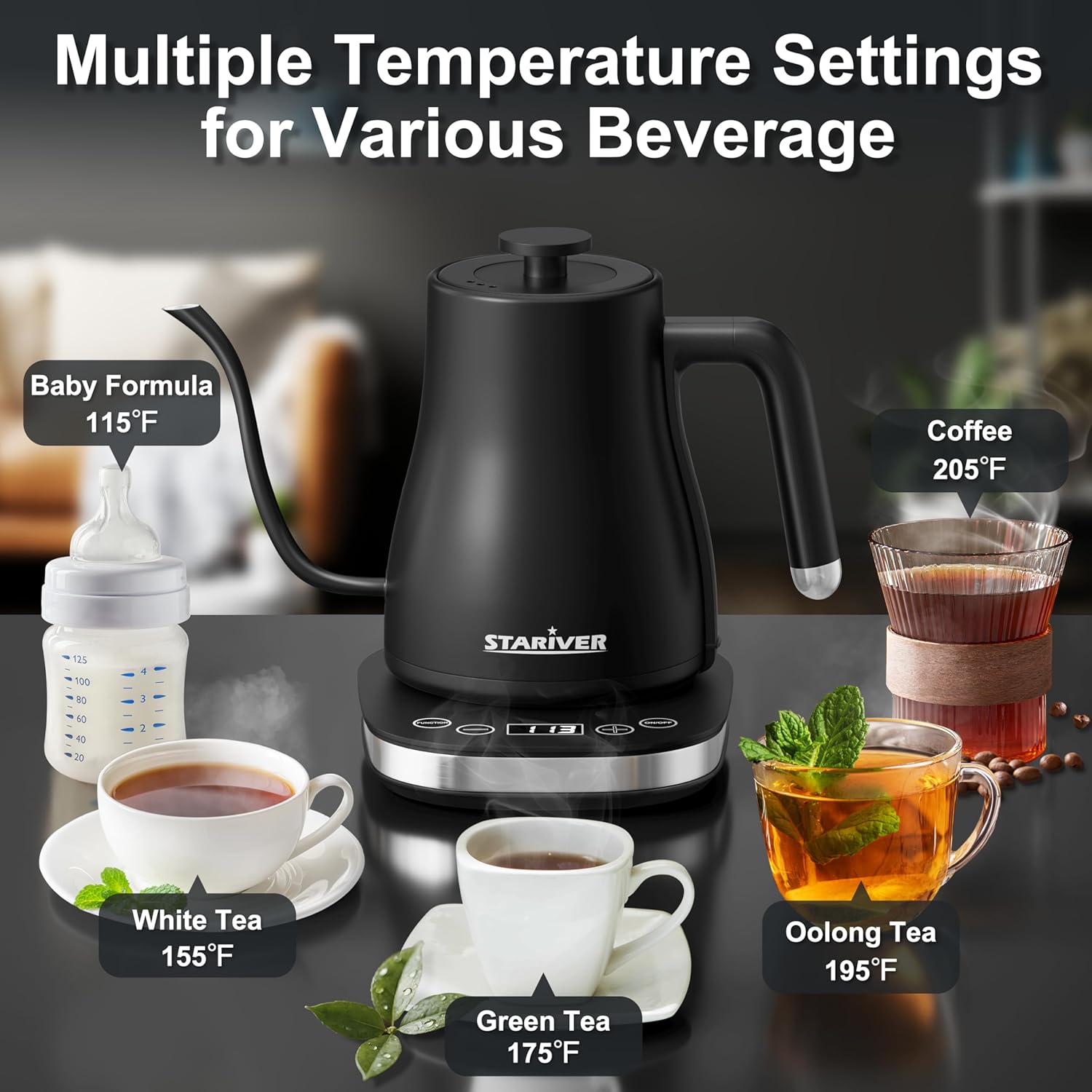 1760197592_Stariver-Gooseneck-Electric-Kettle-with-5-Temperature-Control-Presets-Pour-Over-Coffee-Kettle-±2℉-Temp-Control-1.2L-Gooseneck-Kettle-for-Tea-Coffee-Stainless-Steel-Interior-1000W-Black.jpg Stariver Gooseneck Electric Kettle with 5 Temperature Control Presets, Pour Over Coffee Kettle ±2℉ Temp Control, 1.2L Gooseneck Kettle, for Tea& Coffee, Stainless Steel Interior, 1000W, Black - Image 6
