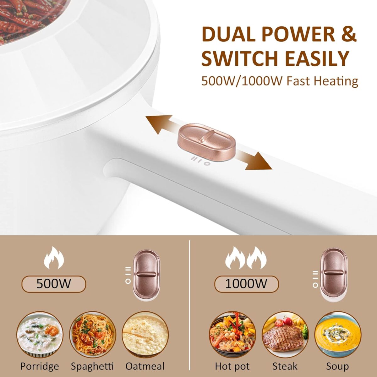 Bear Hot Pot Electric, 2L Multifunctional Portable Cooking Pot, 1000W Rapid Noodles Electric, Non-Stick Frying Pans for Steak, Egg, Ramen, Oatmeal With Dual Power Adjustment - Image 3