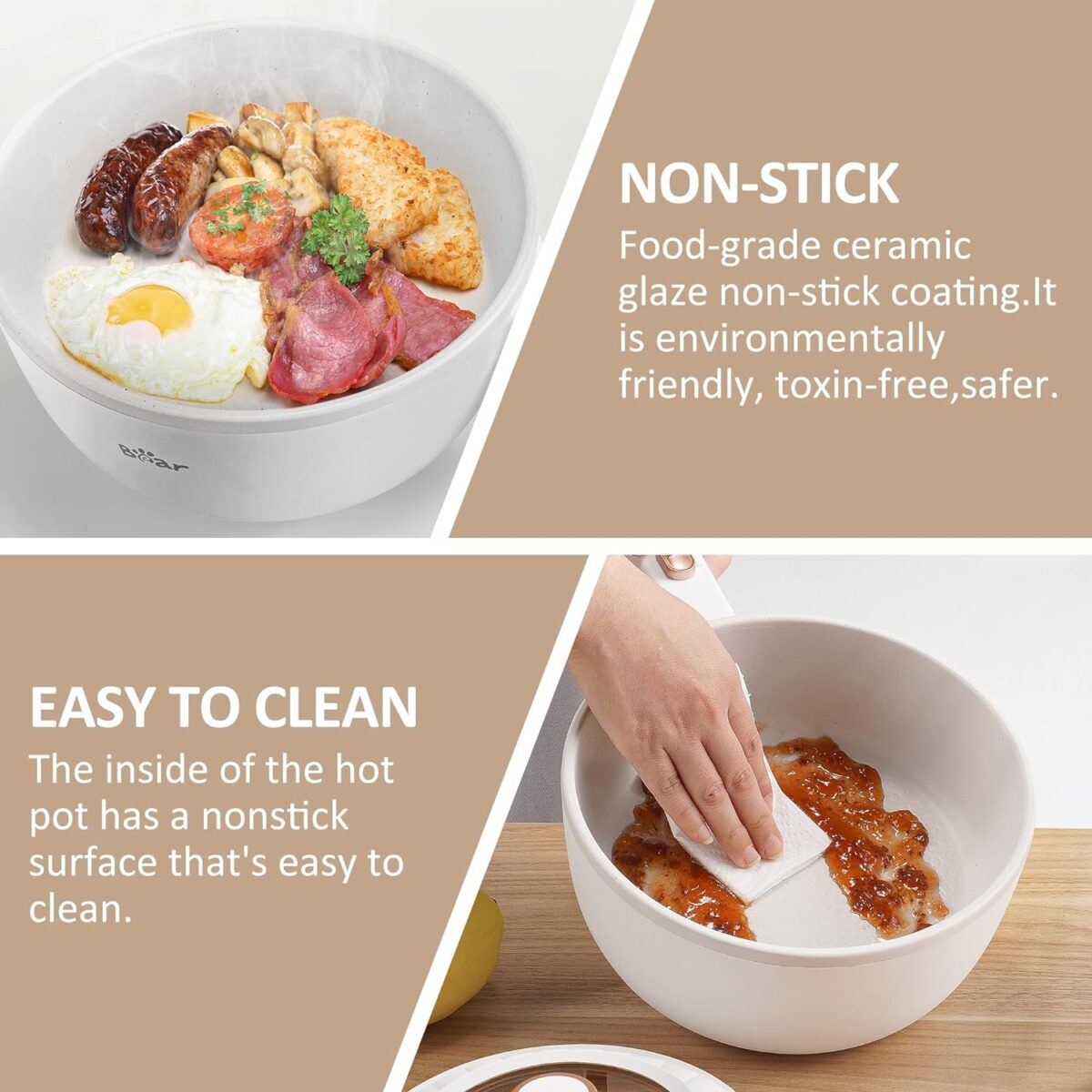Bear Hot Pot Electric, 2L Multifunctional Portable Cooking Pot, 1000W Rapid Noodles Electric, Non-Stick Frying Pans for Steak, Egg, Ramen, Oatmeal With Dual Power Adjustment - Image 5