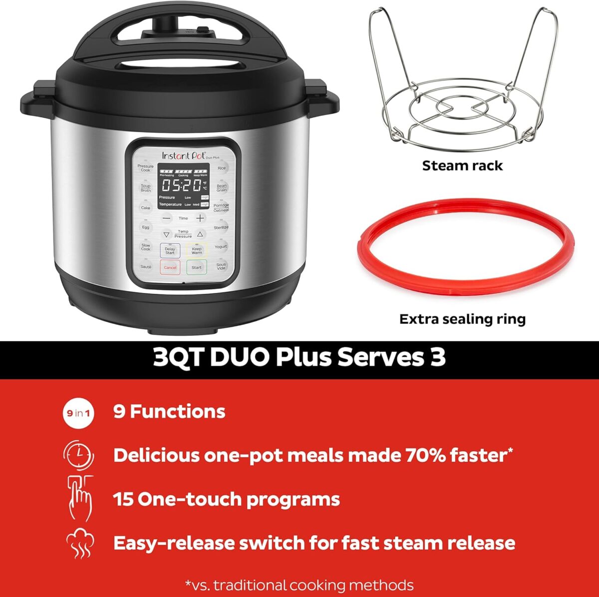 Instant Pot Duo Plus 9-in-1 Electric Pressure Cooker, Slow Cooker, Rice Cooker, Steamer, Sauté, Yogurt Maker, Warmer & Sterilizer, Includes App With Over 800 Recipes, Stainless Steel, 3 Quart - Image 3