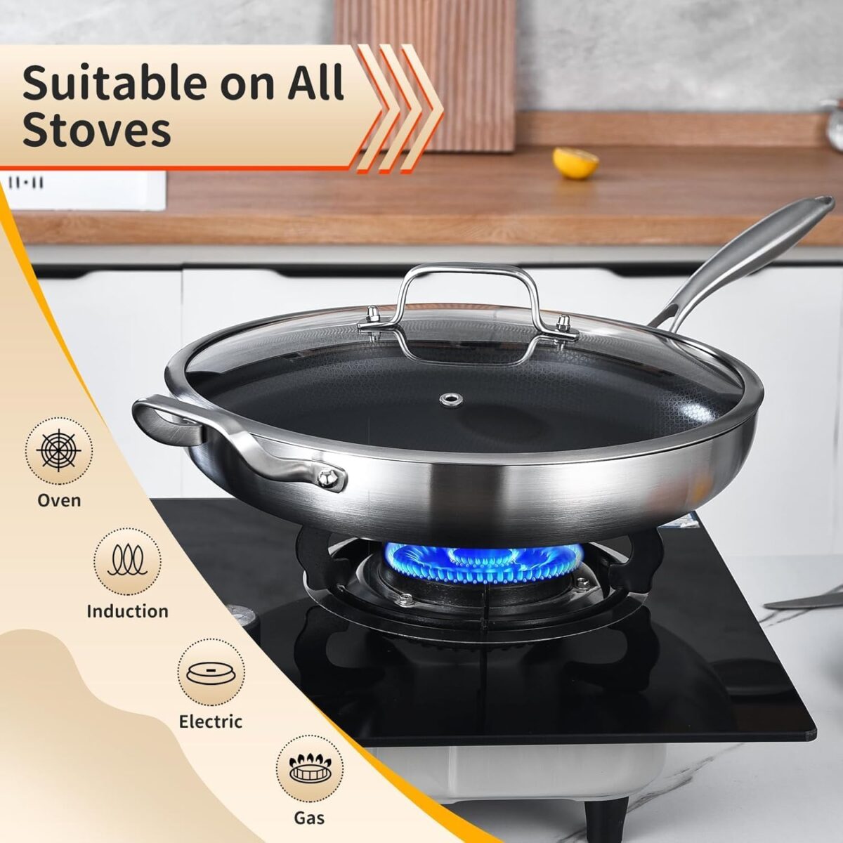 Inqibee 13-Inch Tri-Ply Hybrid Ceramic Non Stick Stainless Steel Frying Pan with Lid,Large Skillet,Induction Chef's Cooking Pan,Dishwasher and Oven Safe,Detachable Handle - Image 4