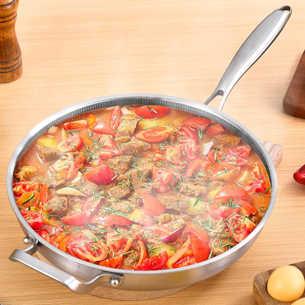 Inqibee 13-Inch Tri-Ply Hybrid Ceramic Non Stick Stainless Steel Frying Pan with Lid,Large Skillet,Induction Chef's Cooking Pan,Dishwasher and Oven Safe,Detachable Handle - Image 8
