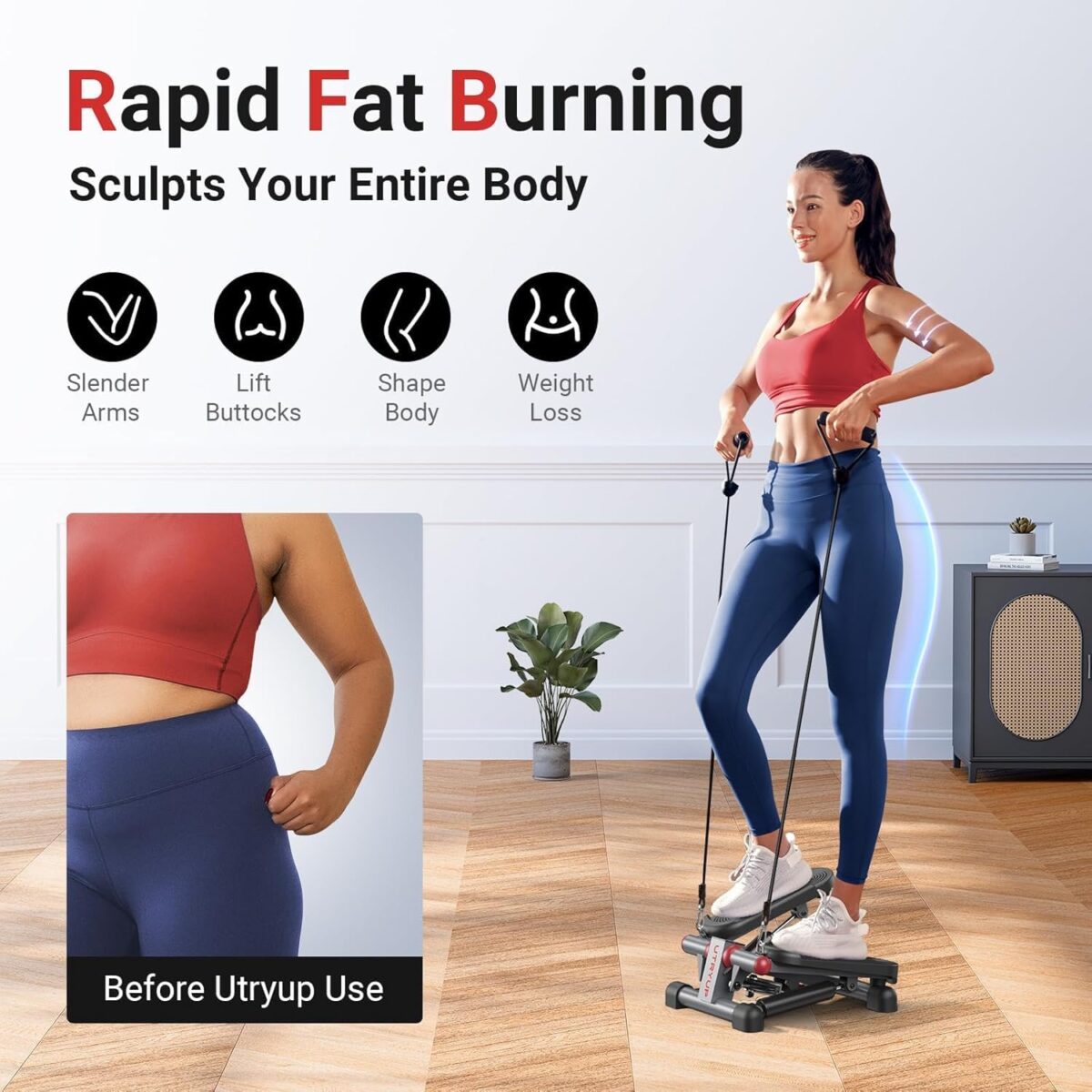 UTRYUP Mini Stepper for Home Exercise, Compact Hydraulic Stair Stepper with Resistance Bands, Quiet Fitness Machine with LCD Monitor, 300 lbs Weight Capacity - Image 3