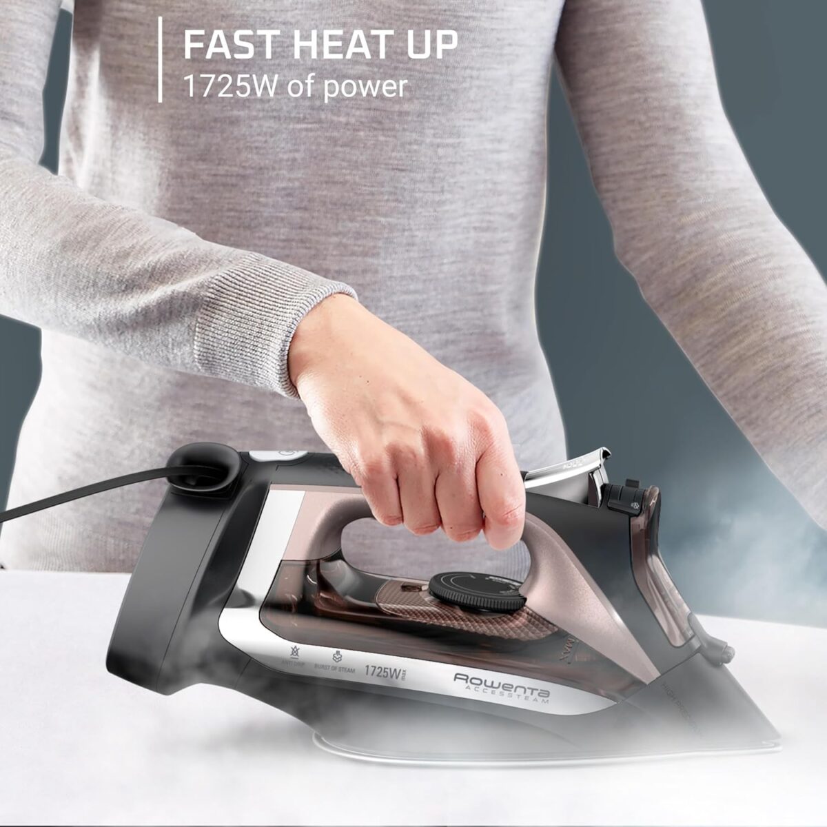 Rowenta Access Stainless Steel Soleplate Steam Iron with Retractable Cord, Powerful Steam Diffusion, Auto-Off and Anti-Drip, 1725 Watts, Black Clothes Iron, DW2459 - Image 4