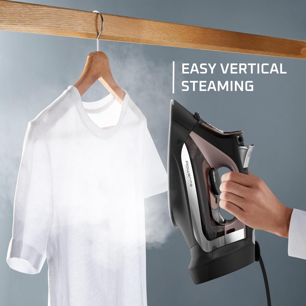 Rowenta Access Stainless Steel Soleplate Steam Iron with Retractable Cord, Powerful Steam Diffusion, Auto-Off and Anti-Drip, 1725 Watts, Black Clothes Iron, DW2459 - Image 6