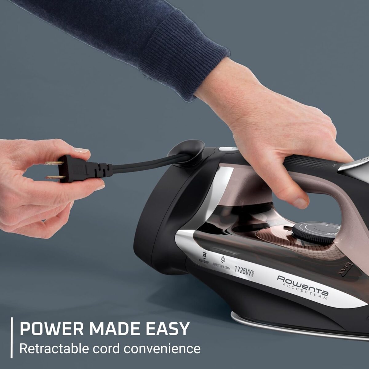Rowenta Access Stainless Steel Soleplate Steam Iron with Retractable Cord, Powerful Steam Diffusion, Auto-Off and Anti-Drip, 1725 Watts, Black Clothes Iron, DW2459 - Image 8
