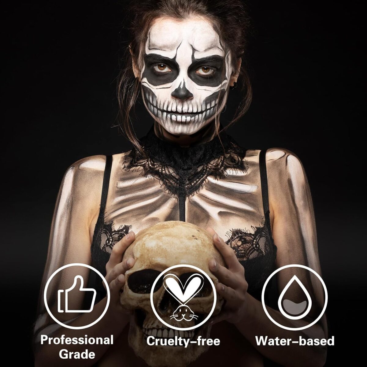 BOBISUKA Black Face Body Paint, Water Based Face Painting for Art Theater Halloween Party Cosplay Clown SFX Makeup for Women Adults, Non-Toxic Washable - Image 4