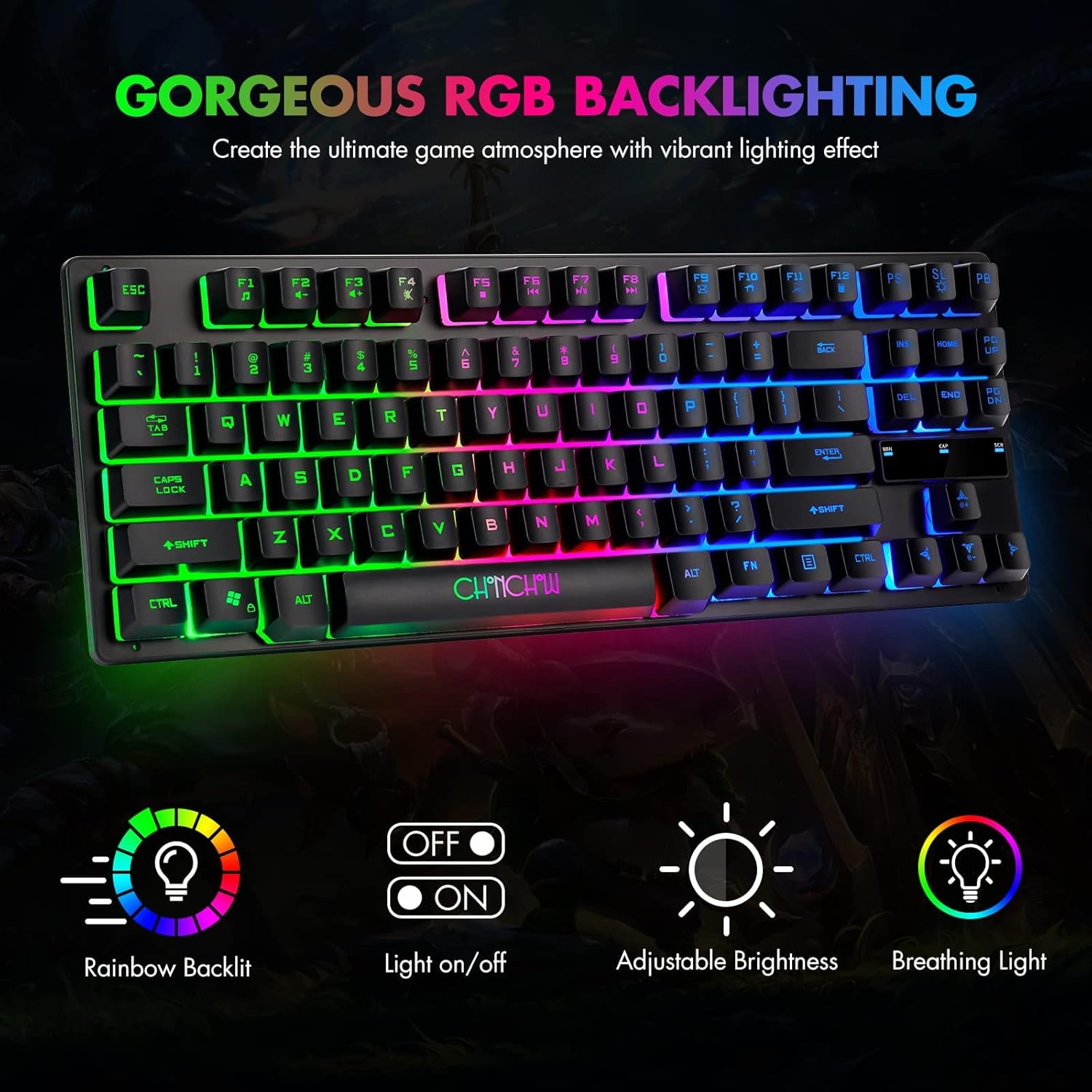 1760215546_CHONCHOW-87-Key-RGB-Backlit-Compact-Gaming-Keyboard-USB-Wired-Tenkeyless-Keyboard-for-Laptop-PS4-Xbox-PC-Gaming-and-Work.jpg CHONCHOW 87-Key RGB Backlit Compact Gaming Keyboard - USB Wired Tenkeyless Keyboard for Laptop, PS4, Xbox, PC Gaming and Work - Image 3