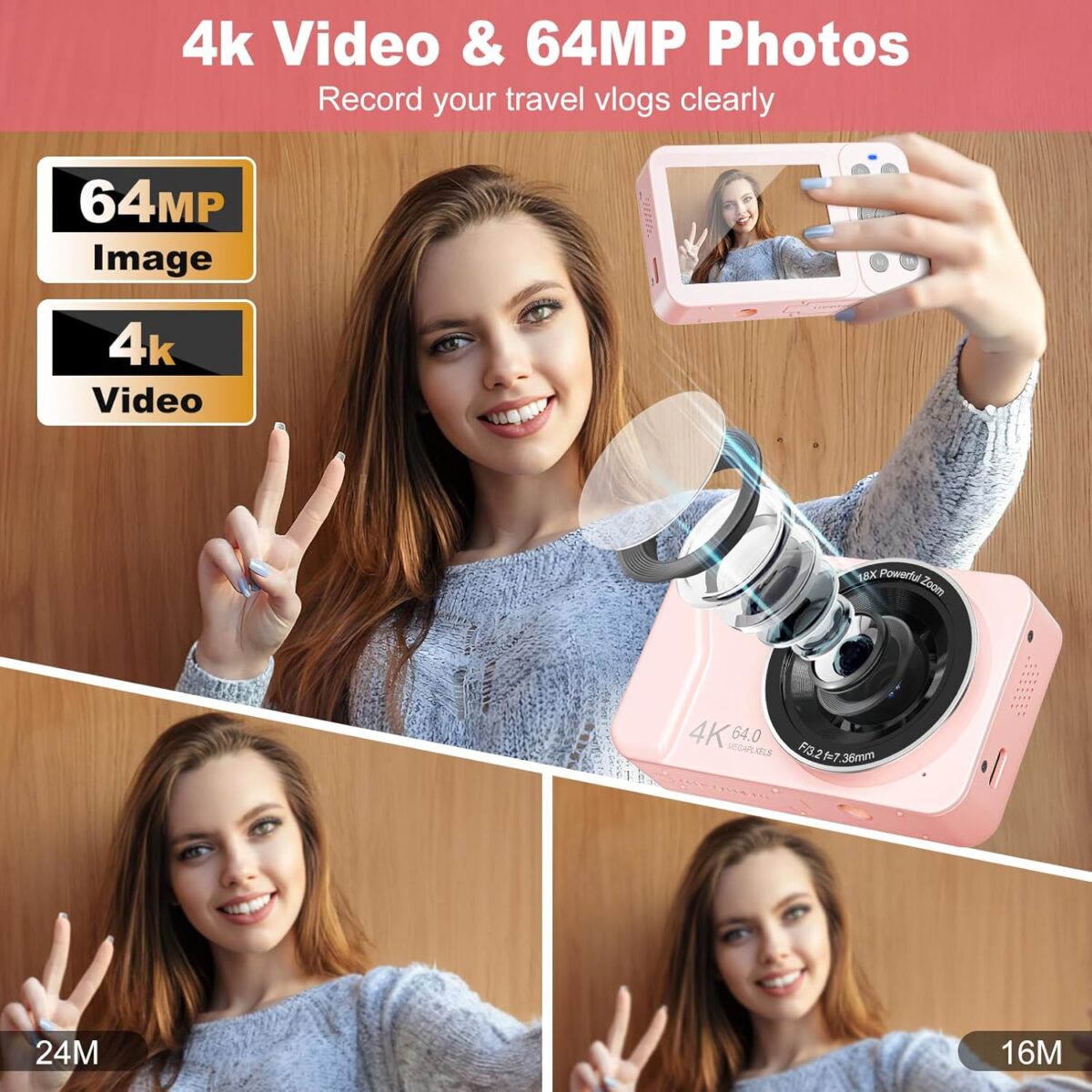 Digital Camera, 4K 64MP, 18X Zoom, Point and Shoot Digital Camera with 64GB TF Card & 2 Batteries, Portable Rechargeable Small Camera for Kids Teens Adult, Pink - Image 3