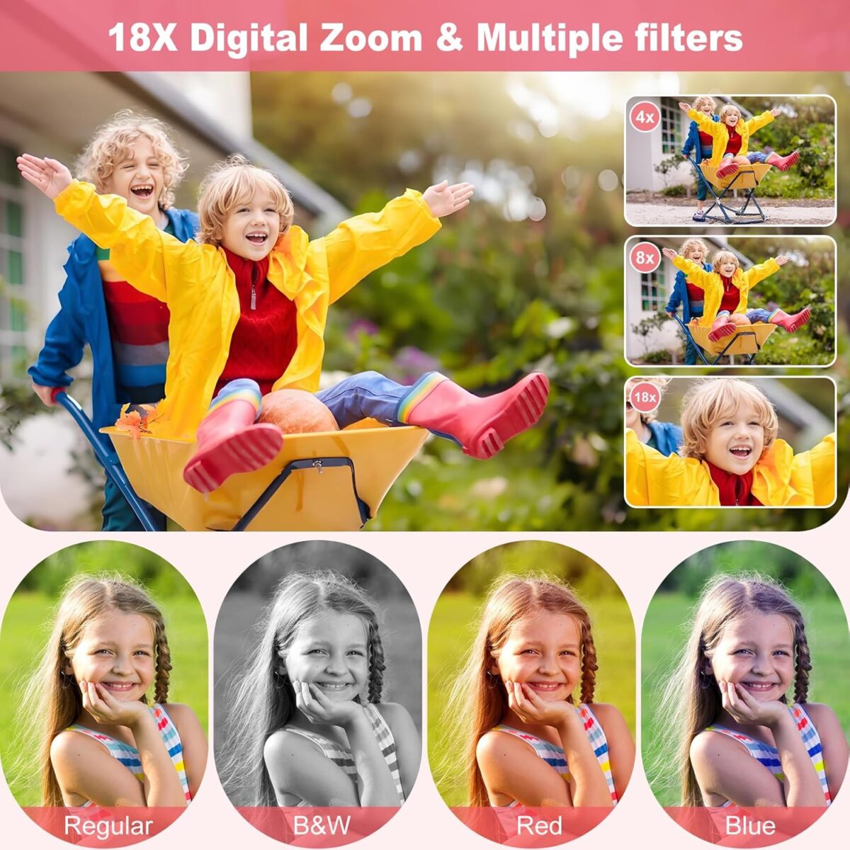 Digital Camera, 4K 64MP, 18X Zoom, Point and Shoot Digital Camera with 64GB TF Card & 2 Batteries, Portable Rechargeable Small Camera for Kids Teens Adult, Pink - Image 5