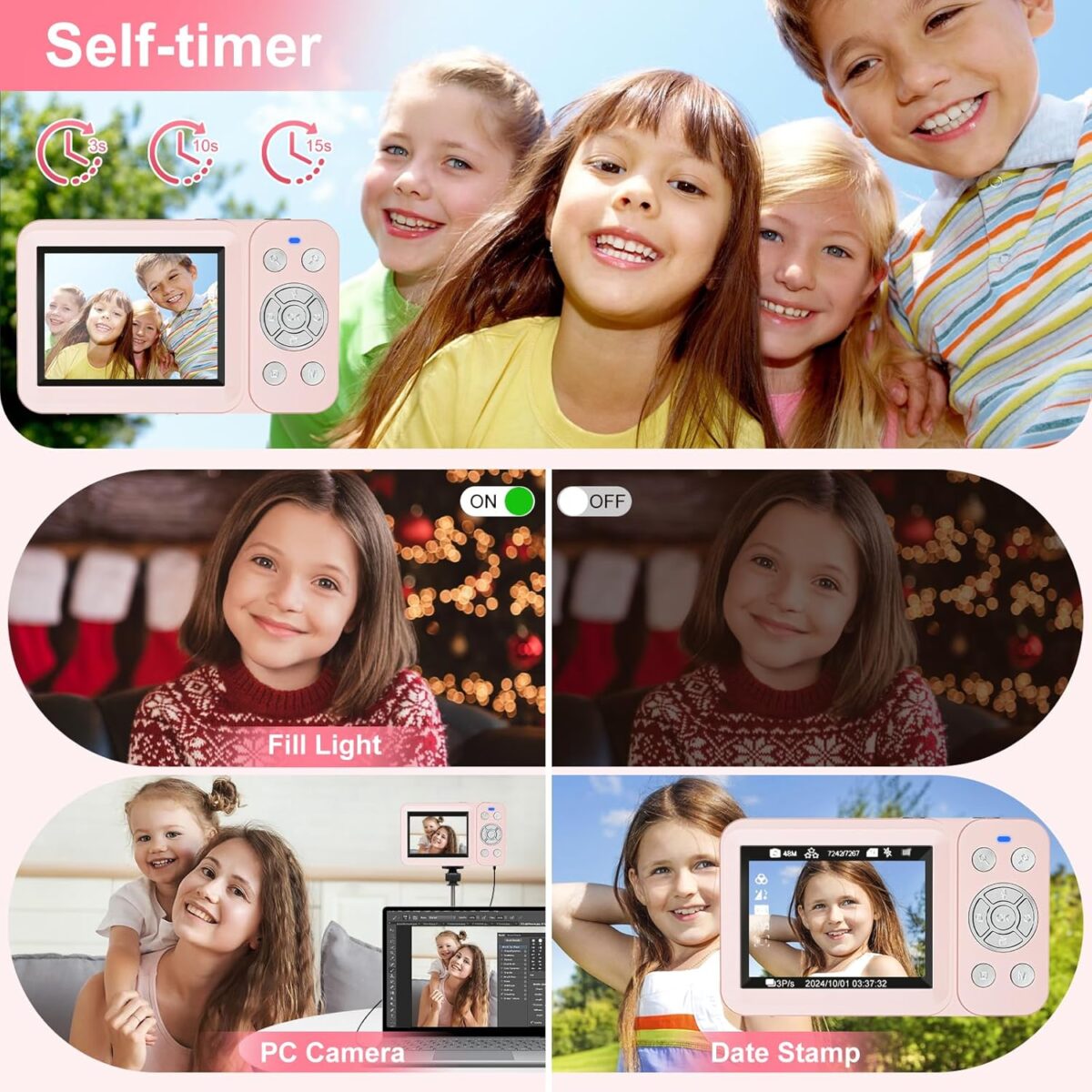 Digital Camera, 4K 64MP, 18X Zoom, Point and Shoot Digital Camera with 64GB TF Card & 2 Batteries, Portable Rechargeable Small Camera for Kids Teens Adult, Pink - Image 7