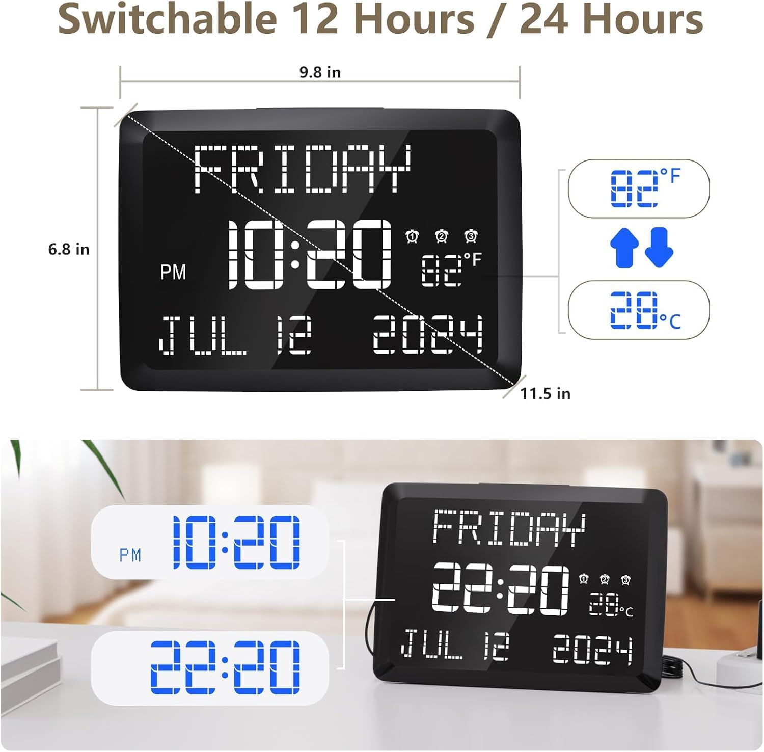 1760220373_Raynic-Digital-Clock-11.5-Large-Display-Calendar-Clock-with-Day-and-Date-Indoor-Temperature-Adjustable-Brightness-Snooze1224H-DST-for-Home-Office-Elderly.jpg Raynic Digital Clock, 11.5" Large Display Calendar Clock with Day and Date, Indoor Temperature, Adjustable Brightness, Snooze,12/24H, DST for Home, Office, Elderly - Image 3