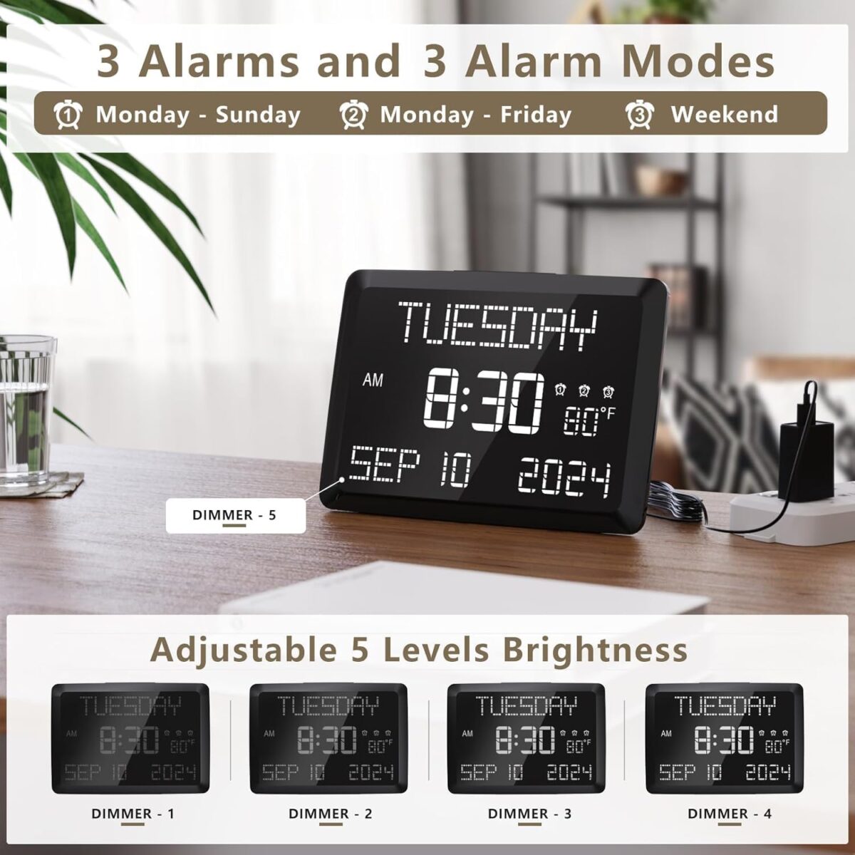 Raynic Digital Clock, 11.5" Large Display Calendar Clock with Day and Date, Indoor Temperature, Adjustable Brightness, Snooze,12/24H, DST for Home, Office, Elderly - Image 6