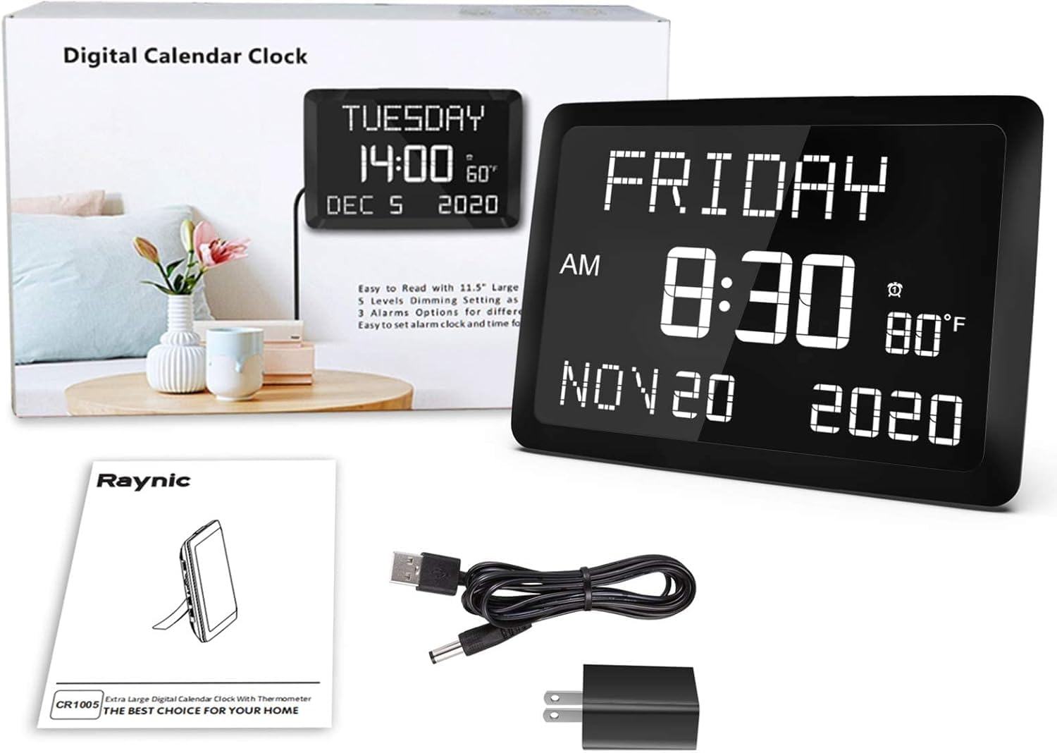 1760220382_Raynic-Digital-Clock-11.5-Large-Display-Calendar-Clock-with-Day-and-Date-Indoor-Temperature-Adjustable-Brightness-Snooze1224H-DST-for-Home-Office-Elderly.jpg Raynic Digital Clock, 11.5" Large Display Calendar Clock with Day and Date, Indoor Temperature, Adjustable Brightness, Snooze,12/24H, DST for Home, Office, Elderly - Image 8