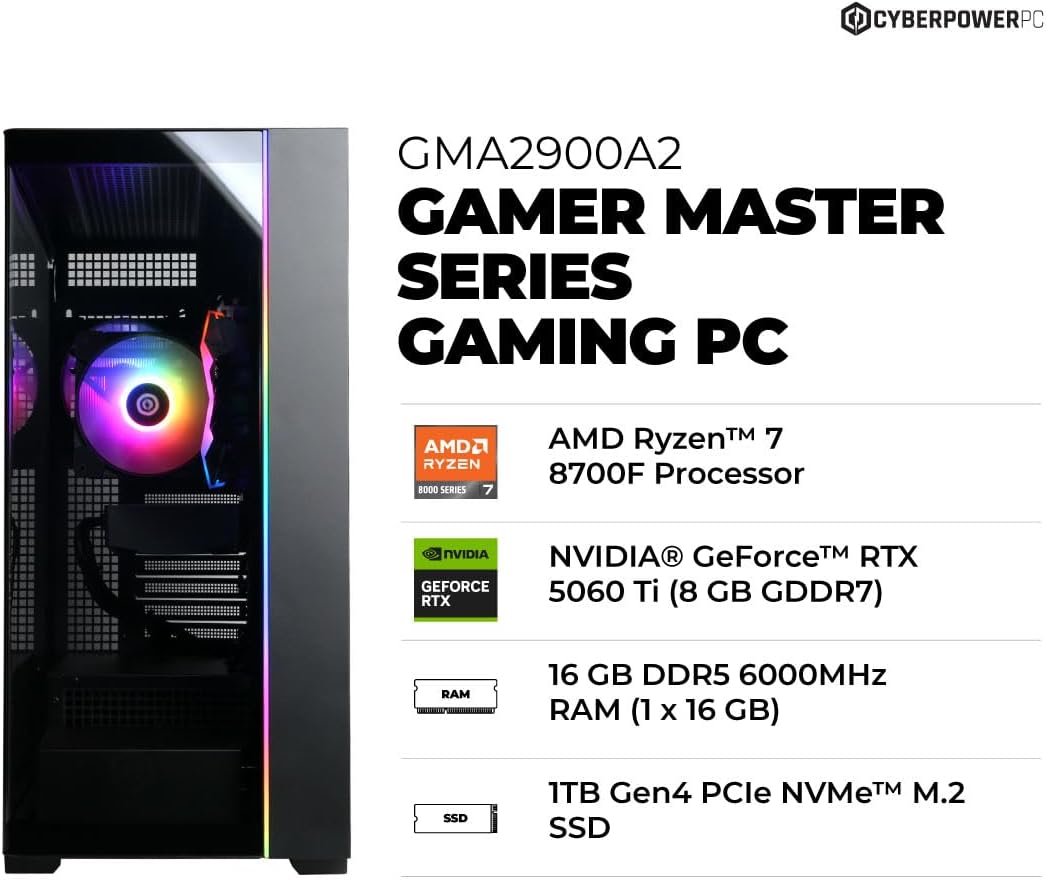1760289290_CyberPowerPC-Gamer-Master-Gaming-PC-AMD-Ryzen-7-8700F-4.1GHz-GeForce-RTX-5060-Ti-8GB-16GB-DDR5-1TB-PCIe-4.0-SSD-WiFi-Ready-Windows-11-Home-GMA2900A2.jpg CyberPowerPC Gamer Master Gaming PC, AMD Ryzen 7 8700F 4.1GHz, GeForce RTX 5060 Ti 8GB, 16GB DDR5, 1TB PCIe 4.0 SSD, WiFi Ready & Windows 11 Home (GMA2900A2) - Image 3