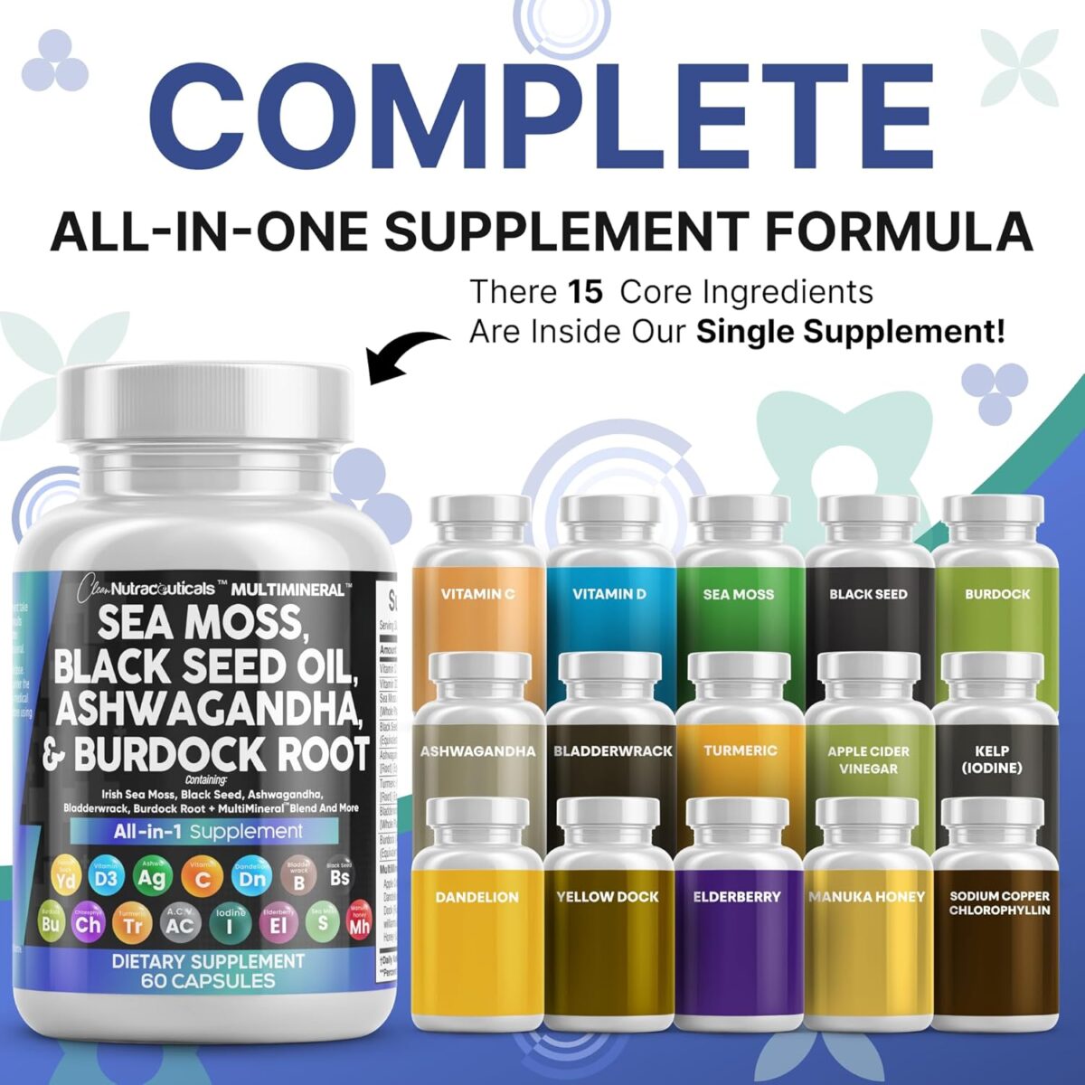 Clean Nutraceuticals Sea Moss Black Seed Oil Ashwagandha Turmeric Bladderwrack Burdock & Vitamin C Vitamin D3 with Elderberry Manuka Dandelion Yellow Dock Iodine Chlorophyll ACV - Image 3