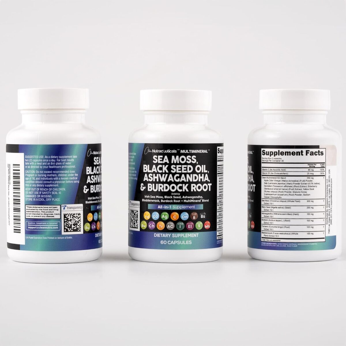 Clean Nutraceuticals Sea Moss Black Seed Oil Ashwagandha Turmeric Bladderwrack Burdock & Vitamin C Vitamin D3 with Elderberry Manuka Dandelion Yellow Dock Iodine Chlorophyll ACV - Image 9