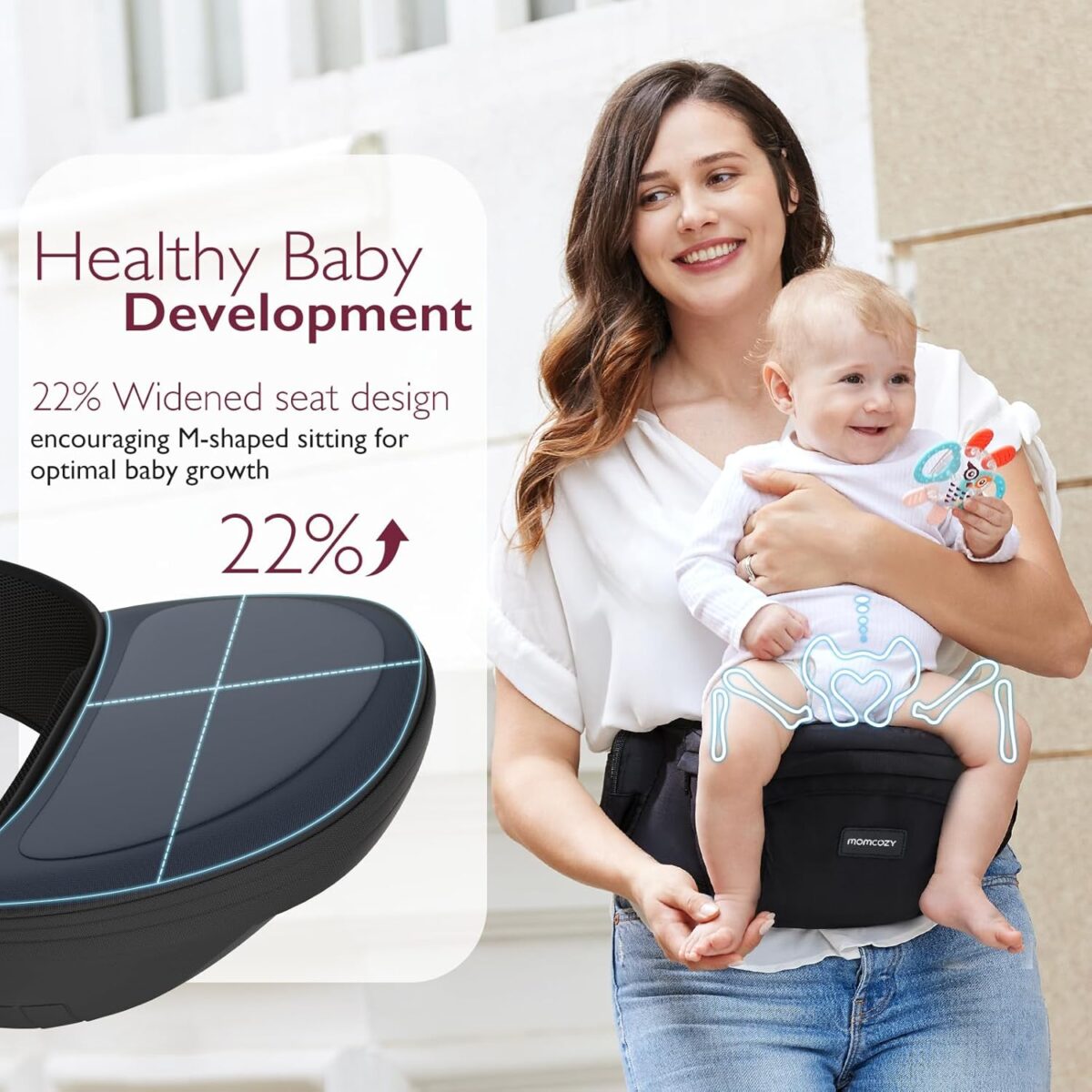 Momcozy Hip Seat Baby Carrier - Adjustable Waistband with Original 3D Belly Protector, Ergonomic Carrier with Various Pockets for Newborns & Toddlers up to 45lbs (Black, Medium) - Image 3