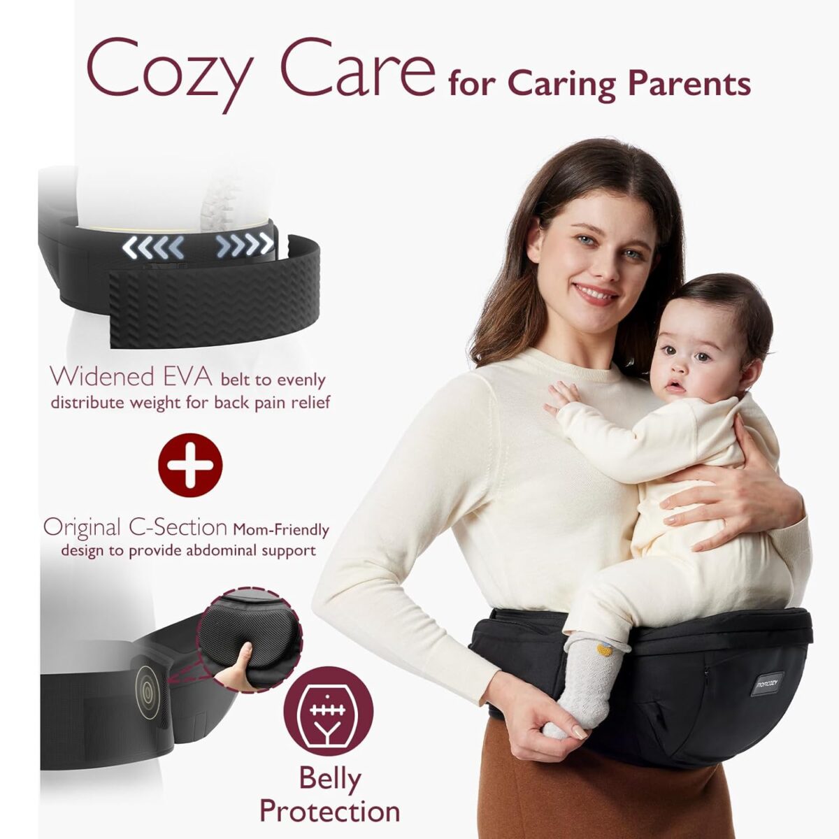 Momcozy Hip Seat Baby Carrier - Adjustable Waistband with Original 3D Belly Protector, Ergonomic Carrier with Various Pockets for Newborns & Toddlers up to 45lbs (Black, Medium) - Image 4