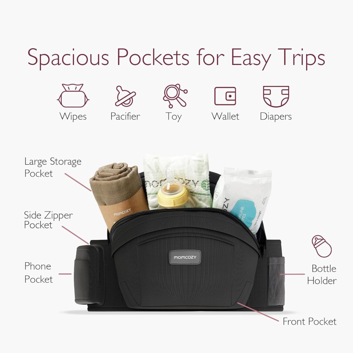 Momcozy Hip Seat Baby Carrier - Adjustable Waistband with Original 3D Belly Protector, Ergonomic Carrier with Various Pockets for Newborns & Toddlers up to 45lbs (Black, Medium) - Image 6
