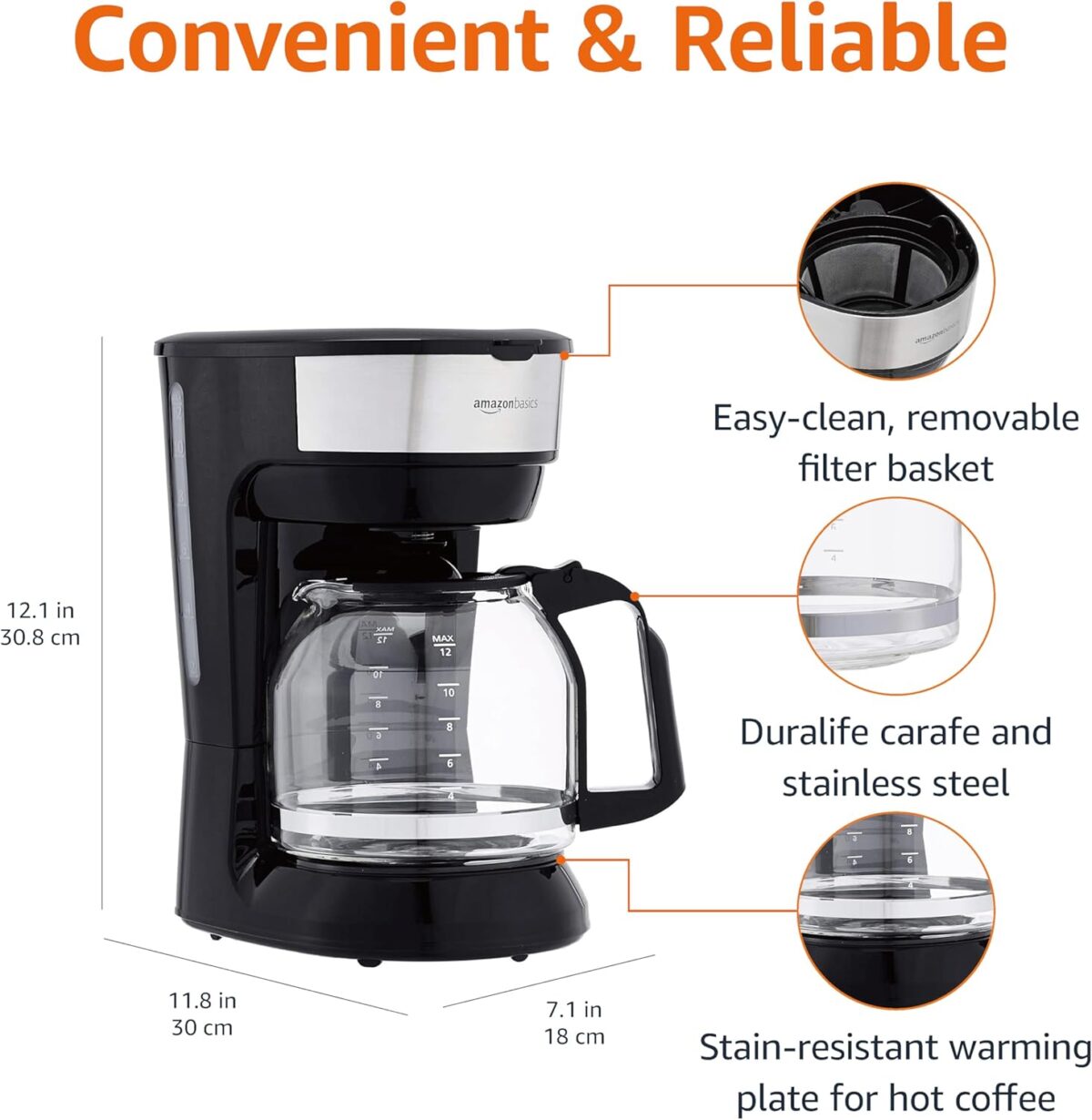Amazon Basics Coffee Makers, 12-Cup Coffee Machines with Reusable Filter, Coffee Pots, Black & Stainless Steel - Image 3