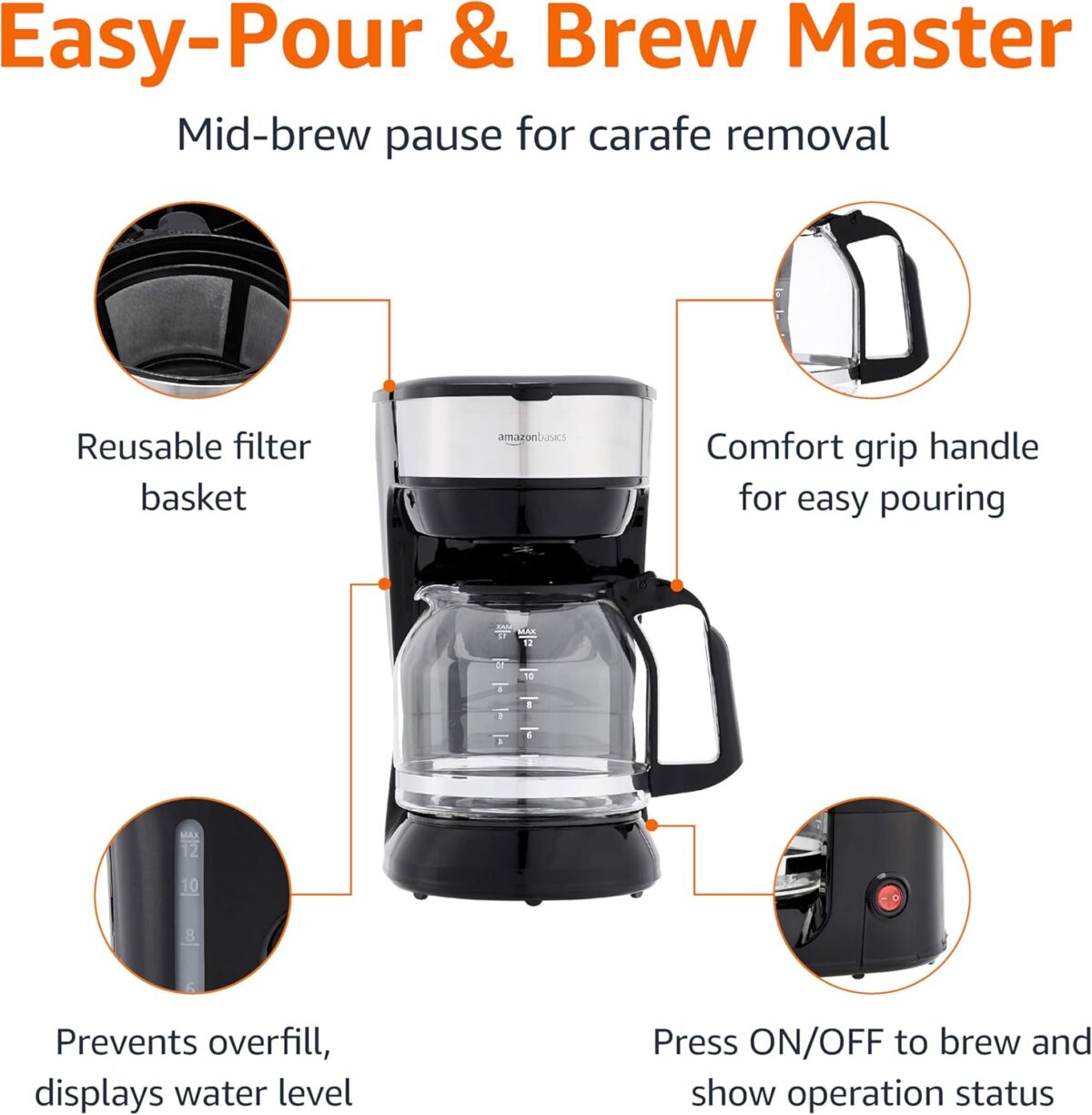 Amazon Basics Coffee Makers, 12-Cup Coffee Machines with Reusable Filter, Coffee Pots, Black & Stainless Steel - Image 4