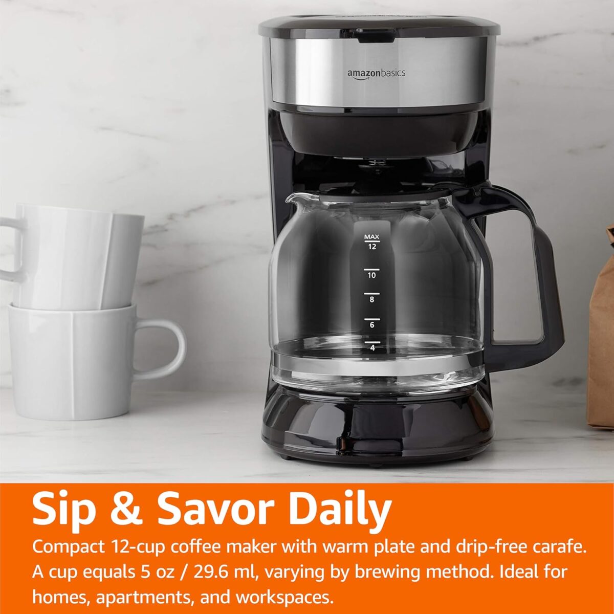 Amazon Basics Coffee Makers, 12-Cup Coffee Machines with Reusable Filter, Coffee Pots, Black & Stainless Steel - Image 8