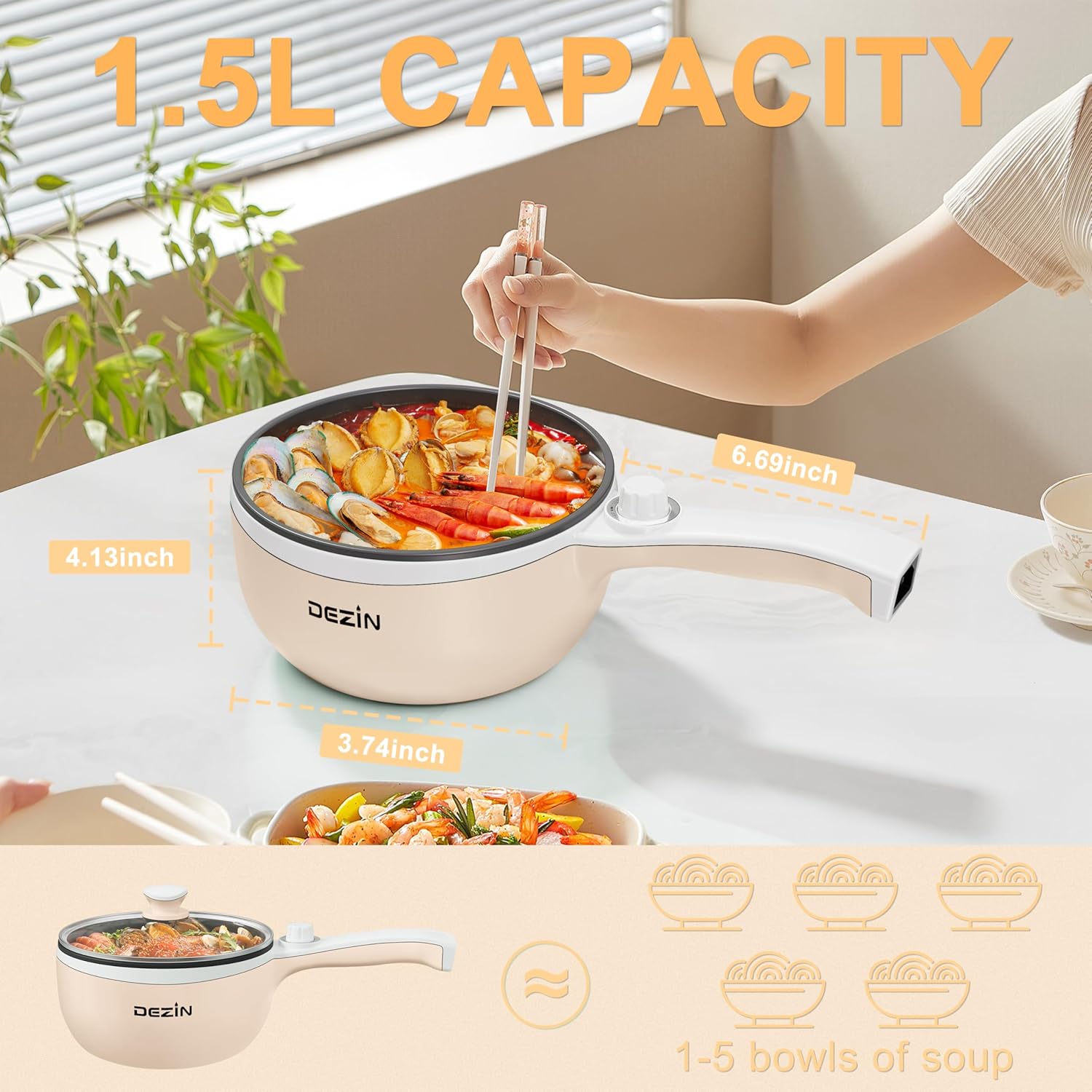 1760370795_Dezin-Hot-Pot-Electric-Upgraded-Non-Stick-Saute-Pan-Rapid-Noodles-Electric-Pot-1.5L-Mini-Portable-Hot-Pot-for-Steak-Egg-Fried-Rice-Ramen-Oatmeal-Soup-with-Power-Adjustment.jpg Dezin Hot Pot Electric Upgraded, Non-Stick Sauté Pan, Rapid Noodles Electric Pot, 1.5L Mini Portable Hot Pot for Steak, Egg, Fried Rice, Ramen, Oatmeal, Soup with Power Adjustment - Image 5