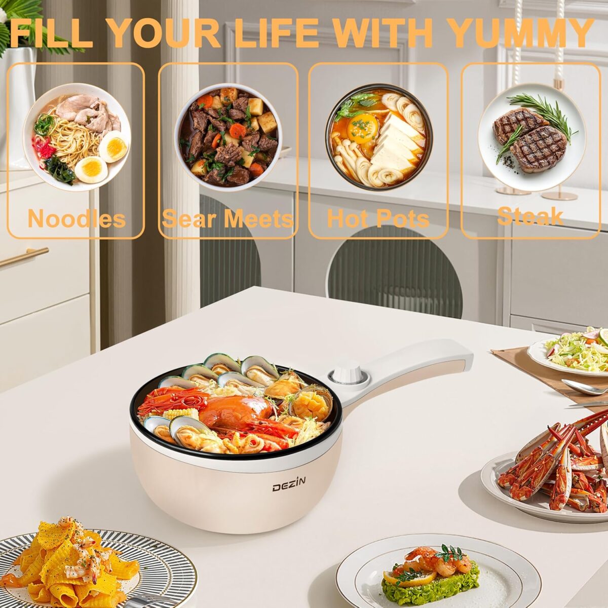 Dezin Hot Pot Electric Upgraded, Non-Stick Sauté Pan, Rapid Noodles Electric Pot, 1.5L Mini Portable Hot Pot for Steak, Egg, Fried Rice, Ramen, Oatmeal, Soup with Power Adjustment - Image 7