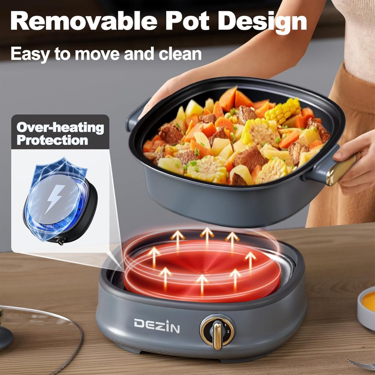 Dezin Electric Shabu Shabu Pot - 3L Non-Stick Hot Pot with Dual-Power Control, Tempered Glass Lid for Parties and Gatherings - Image 7