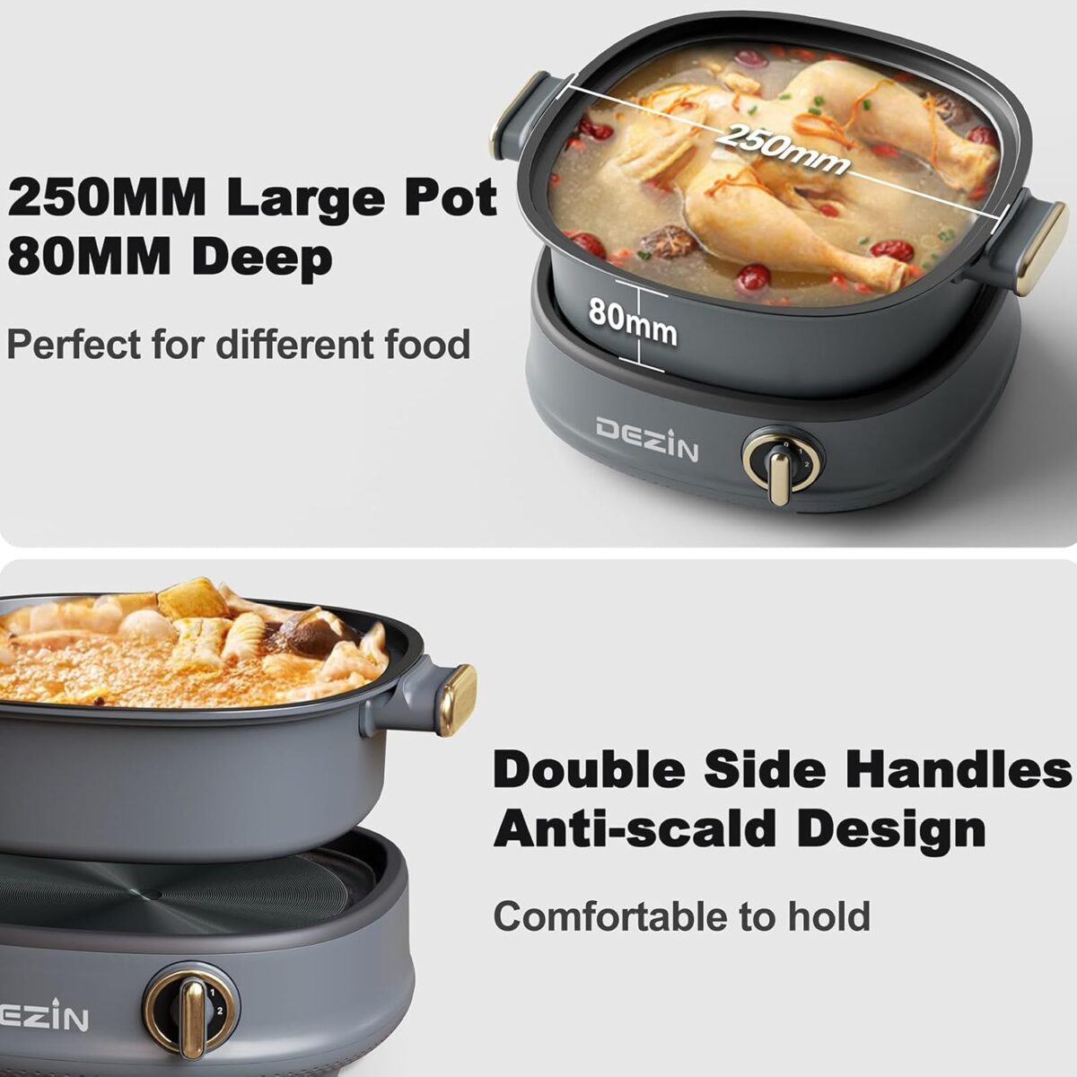Dezin Electric Shabu Shabu Pot - 3L Non-Stick Hot Pot with Dual-Power Control, Tempered Glass Lid for Parties and Gatherings - Image 8